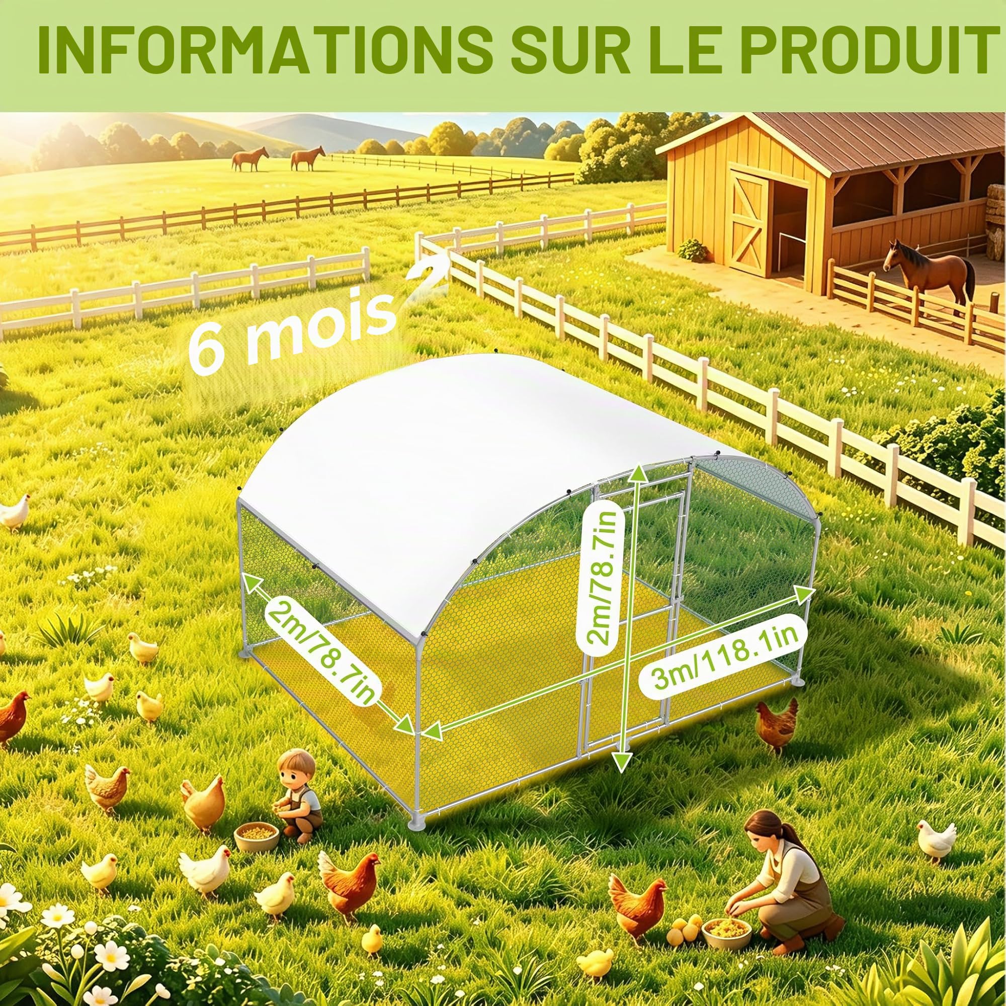 LZQ Cage pour poules à roue libre 3 x 2 m en métal galvanisé pour animaux domestiques, poulailler, poulailler, poulailler, poulailler, avec protection solaire, toit et porte, pour poules, lapins