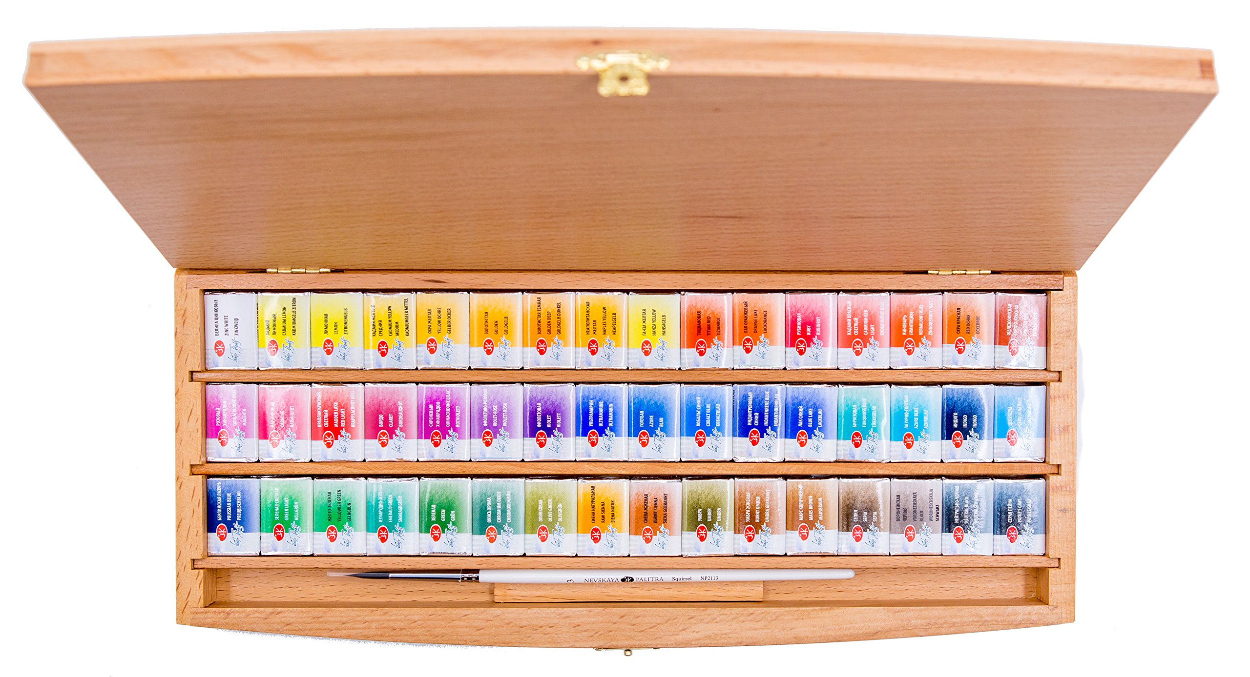 White Nights russische Künstler Aquarellfarben im Set, 48 Farben in ganzen Näpfchen im Holzkasten, hohe Brillanz und Leuchtkraft