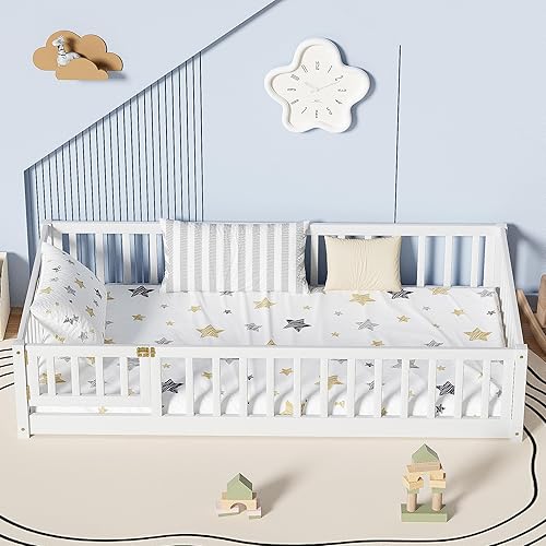 Miniatura 52 de Marco de cama Montessori de madera de tamaño individual con listones de madera, valla y puerta para niños, niñas y niños, espresso (con listones de