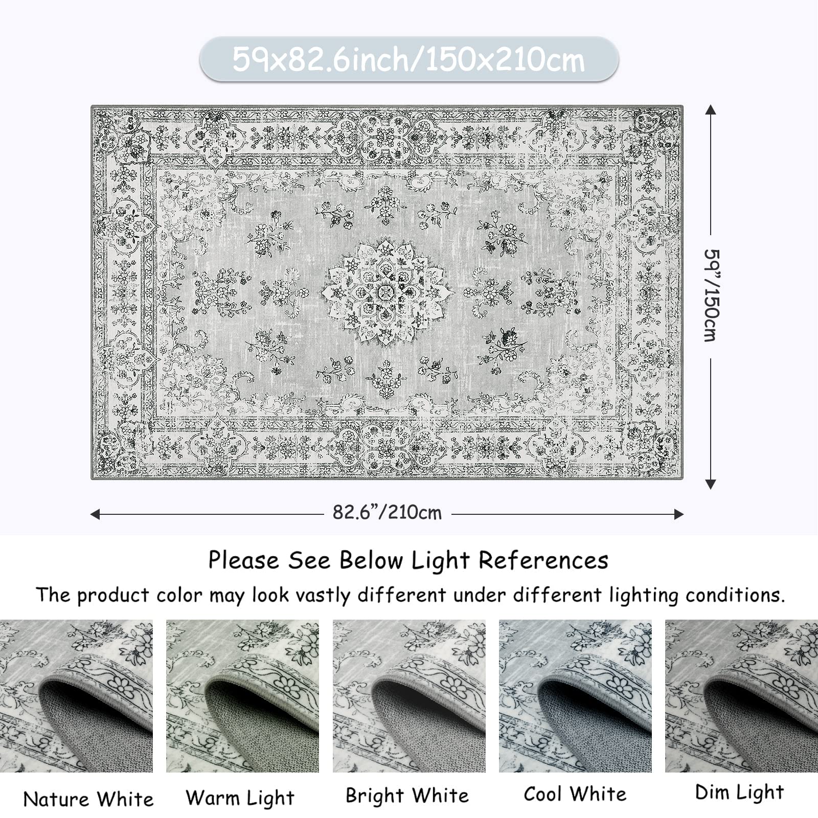 Lahome Boho Floral Area Rug - 5x7 Large Grey Rugs for Living Room Soft Rug for Bedroom Boho Dining Room Mat, Non Slip Printed Washable Nursery Carpet for Basement Apartment Playroom Office