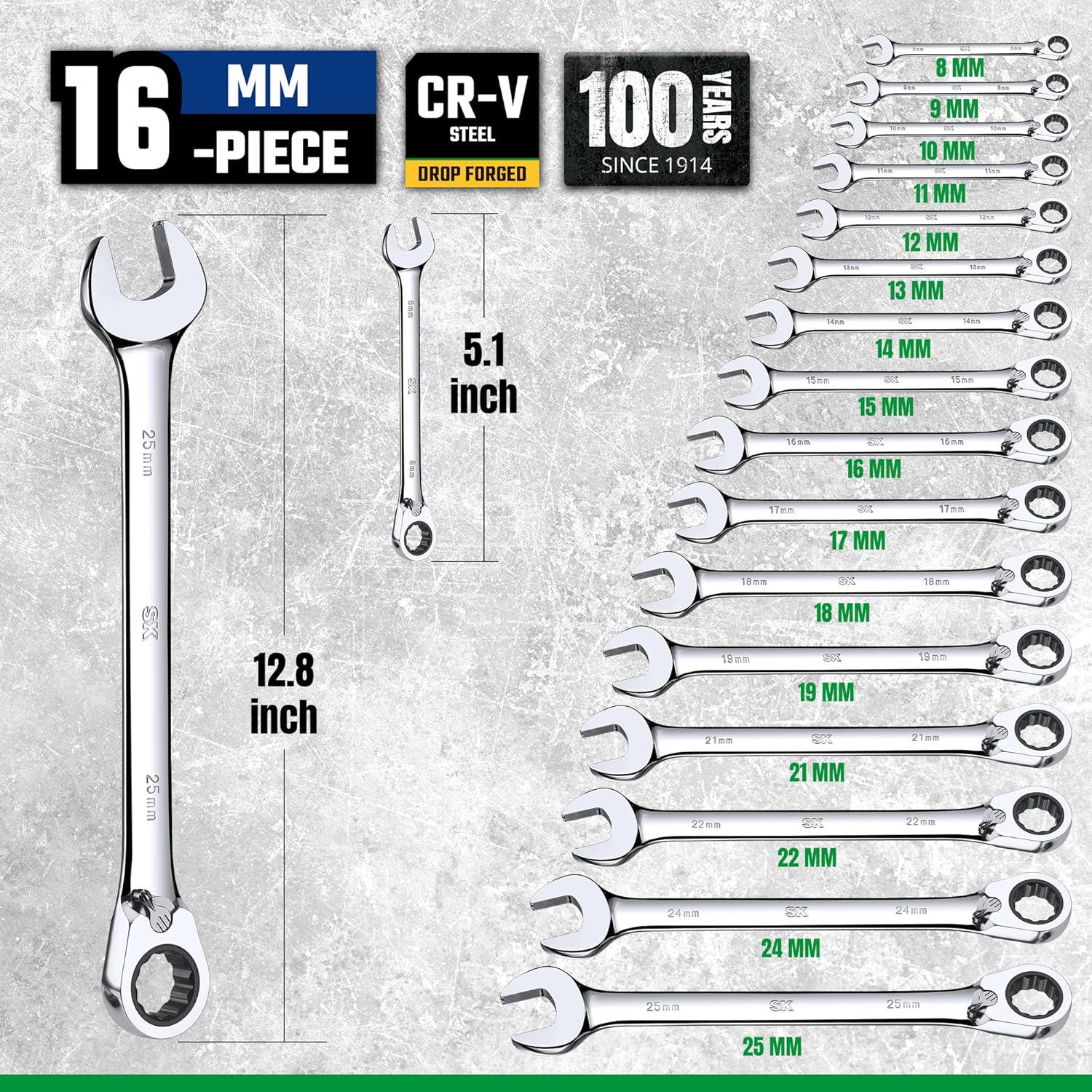 SK Reversible Ratcheting Wrench Set, Combination Wrench Set, 16-Piece, Metric, 72-Tooth, Premium CR-V Construction, with Rolling Pouch