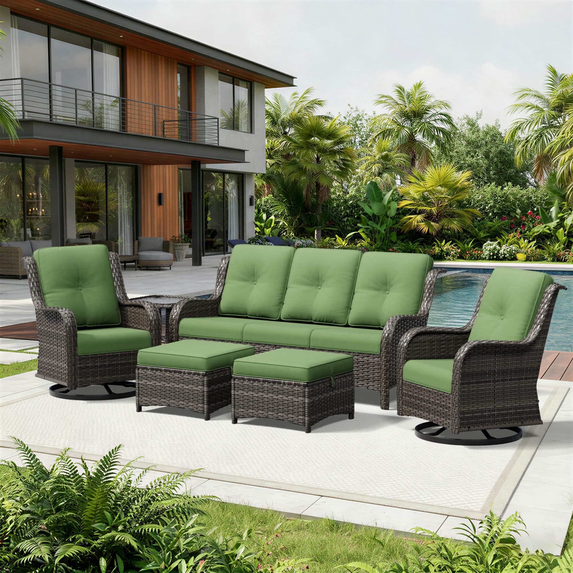 Joyside 6 Piece Wicker Patio Furniture Set, Outdoor Swivel Rocker Patio Chairs with High Back, Deep Seating, Wide Armrest, Thickened Cushions, Outdoor Furniture for Deck, Porch Use