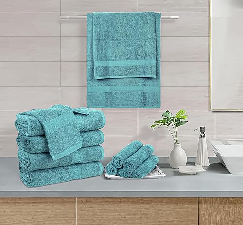 Vista 191 de HILLFAIR Juego de 12 toallas de algodón de 21.16 oz/m², 2 toallas de baño, 4 toallas de mano, 6 toallas de baño, toallas absorbentes de algodón Azul