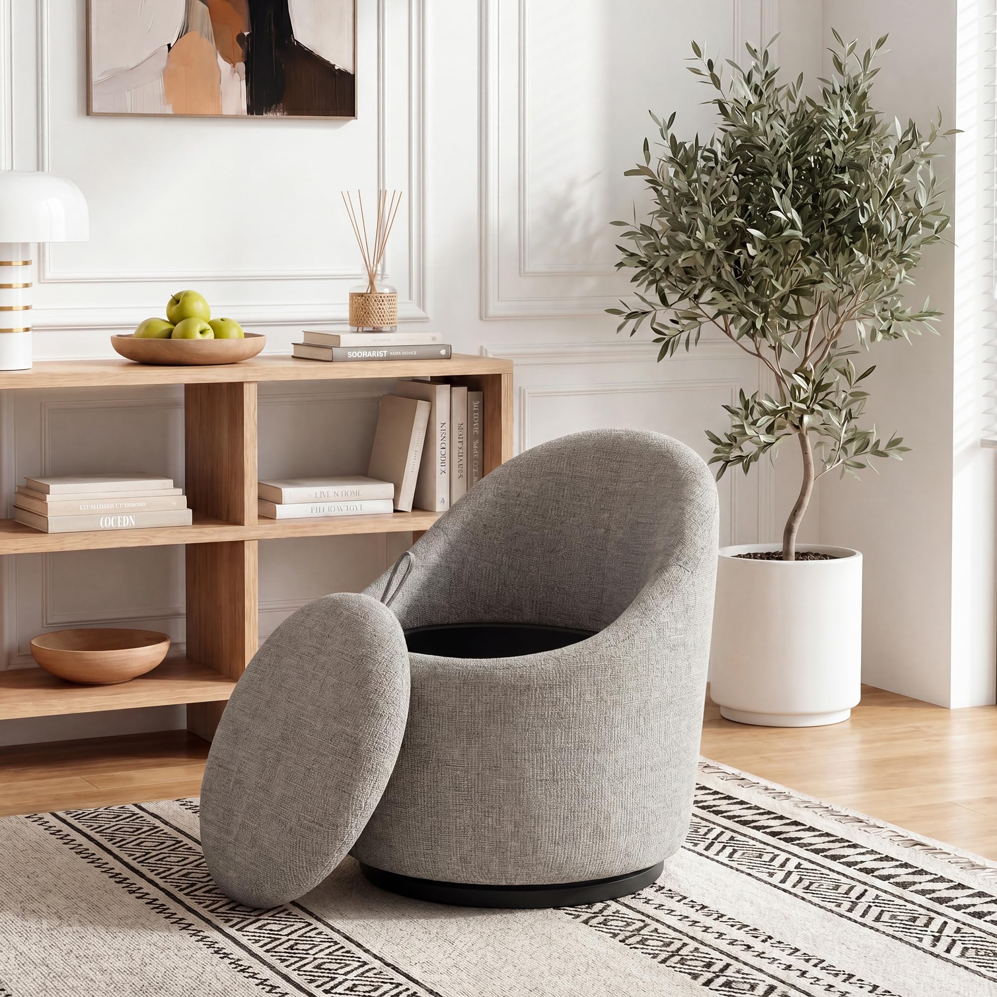 MALOL Barrel Swivel Accent Chair with Hidden Storage, 360° Rotating Lounge Chair, Upholstered Breathable Fabric, High Density Foam Seat, Modern Round Armchair for Living Room Bedroom,Light Grey