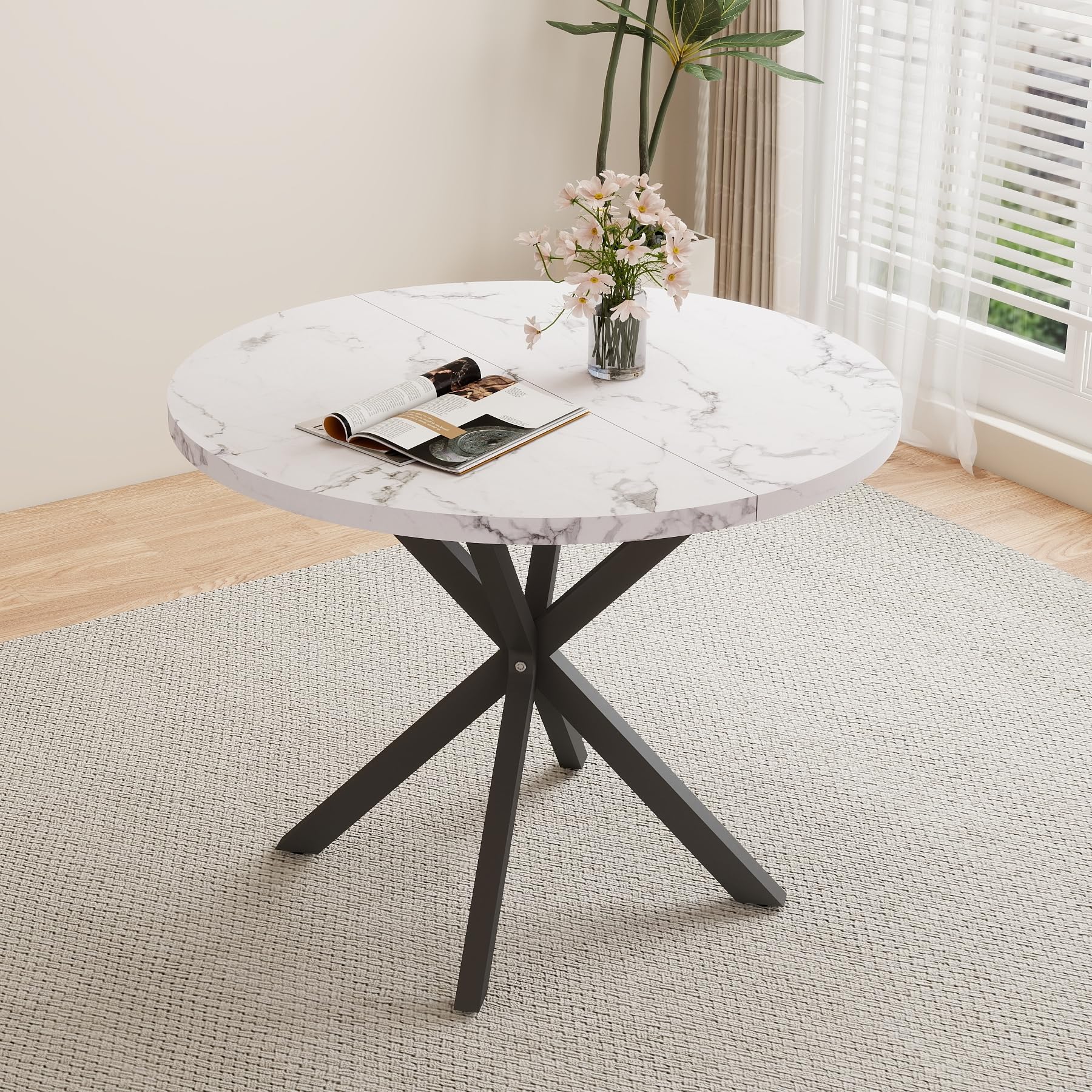 Esstisch und Stuhlset, 100 cm Runder MDF Esstisch, 4 Gepolsterte Küchenstühle aus Cord mit Hohlrückenlehne, für Esszimmer, Wohnzimmer, Küche (Marmormuster-BK+ Blau)