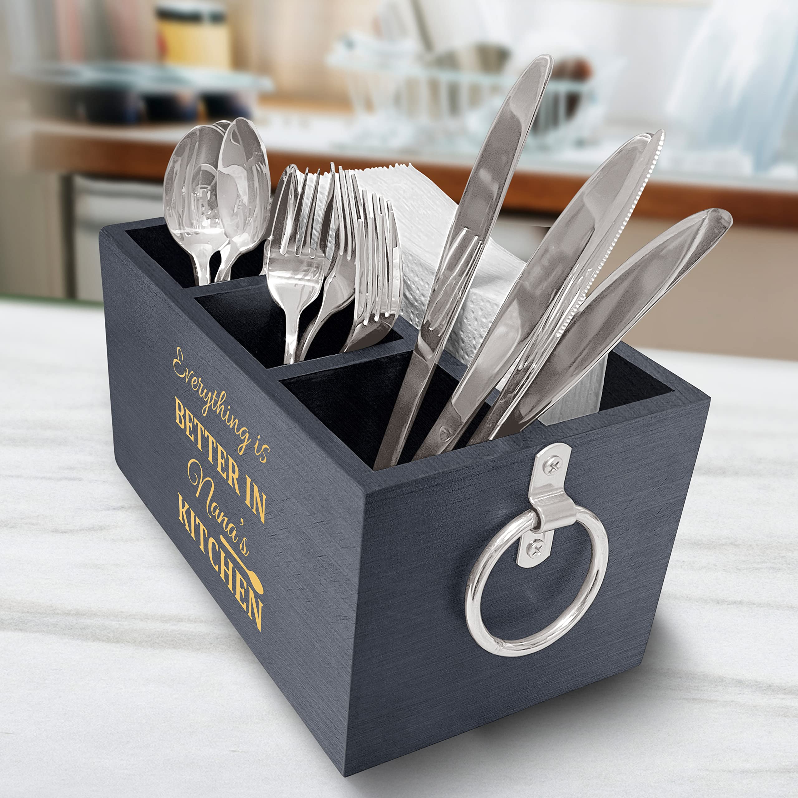 Krezy Case Classy Wooden Kitchen Utensil Organizer, Engraved Nana's Kitchen Quote Utensil Organizer, Utensil Caddy with 3 Compartments, Countertop Caddy Box