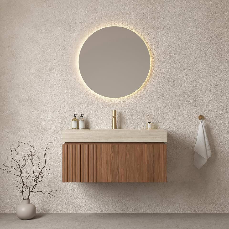 36" Floating Bathroom Vanity with Sink, Plywood Storage Cabinet with Soft-Close Door & Drawer, Roma Travertine Sintered Stone Countertop & Ceramic Basin with 1 Faucet Hole, Brown Oak