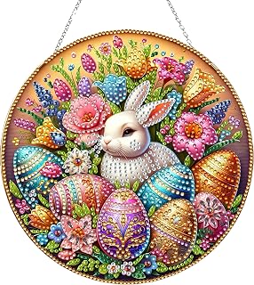 JJFox Rabbit Easter Egg Diamond Art Hanging Kit for Adult,Special Shaped Rhinestone,DIY Acrylic 5D Diamond Art Painting Window Pendants Home Garden Wall Hanging Kits Hanging Ornament,Double Sided