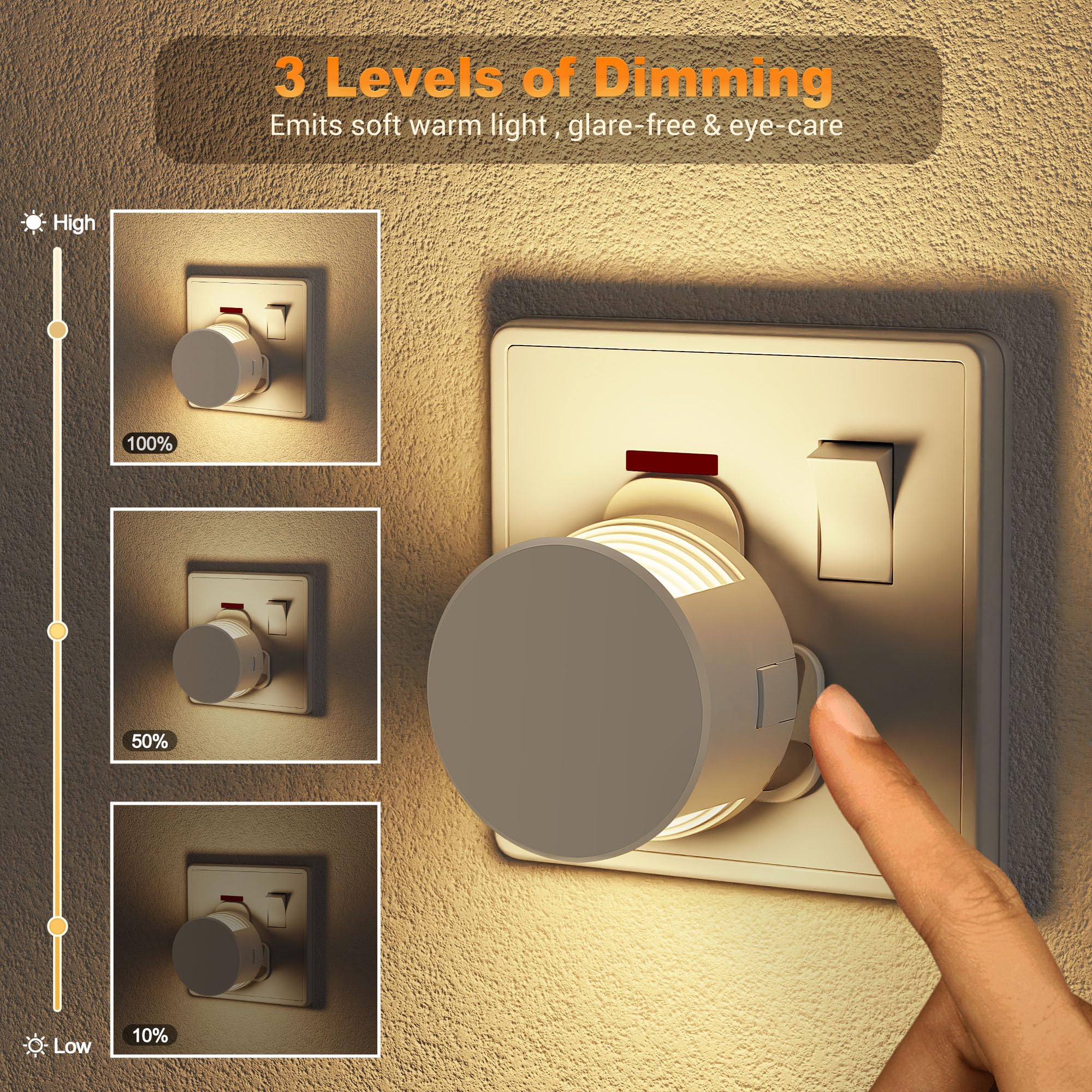 JandCase Night Light Plug in Wall, Plug in Night Light with Dusk to Dawn Light Sensor, 3000K Warm White, 3 Levels Dimmable - Image 3