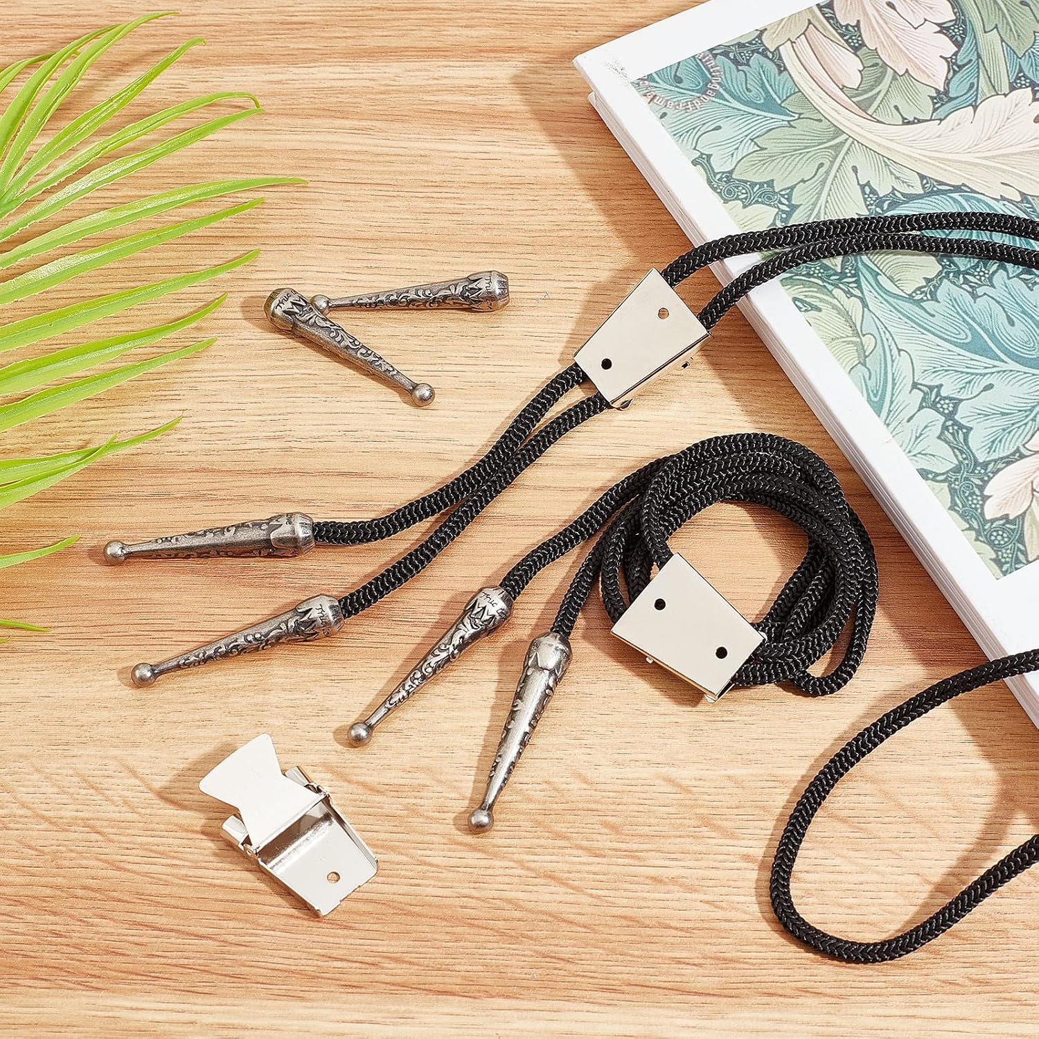 GORGECRAFT 3 Sets Iron Bolo Tie Findings Kit Sterling Silver Plated Parts Round Slide Textured Tips Black Cord Alloy Replacement End Caps Cord Bolo Tie Buckle Slide Clasps for DIY Wallets Bag