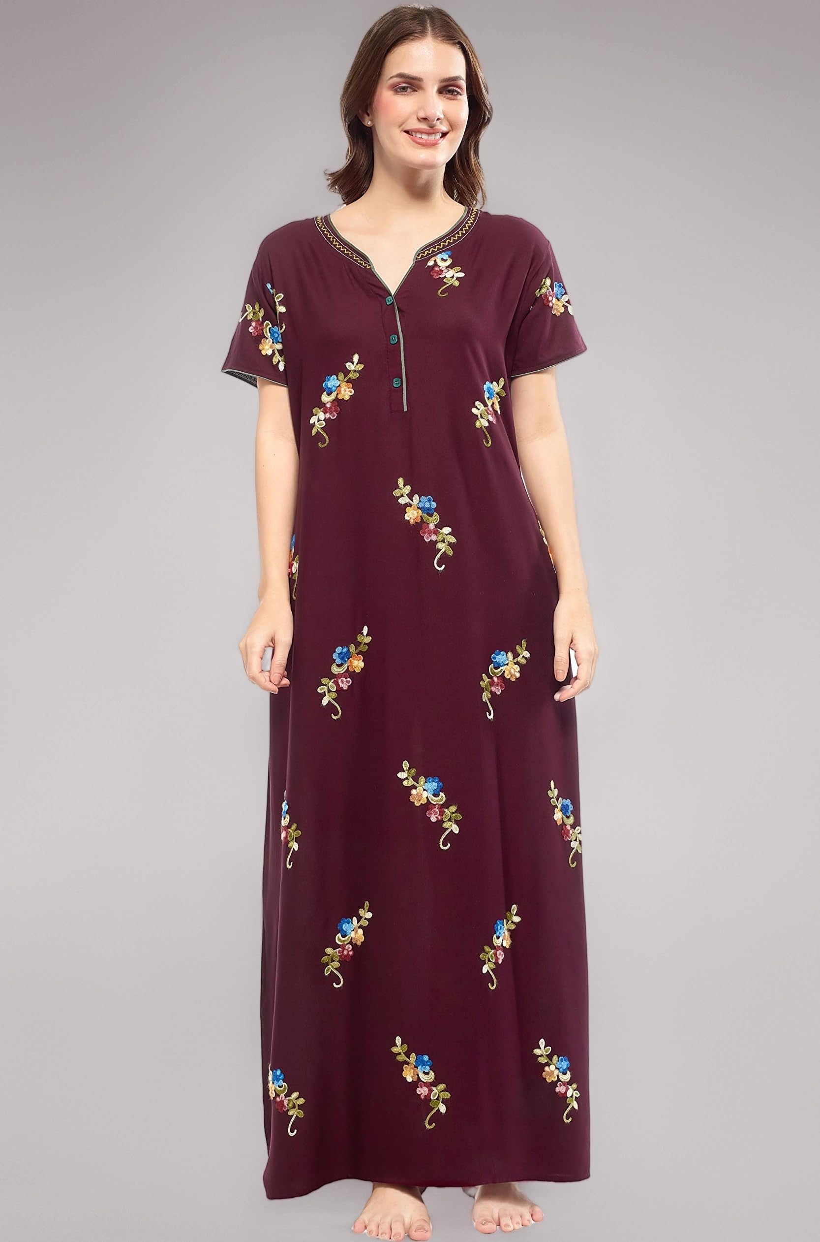 ZEYO Women's Rayon Floral Embroidery Maxi Nighty Night Gown 5681