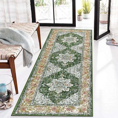 Miniatura 6 de Ileading Alfombra vintage para pasillo, lavable a máquina, con parte trasera de goma, antideslizante, para dormitorio, sala de estar (verde, 2 x 6