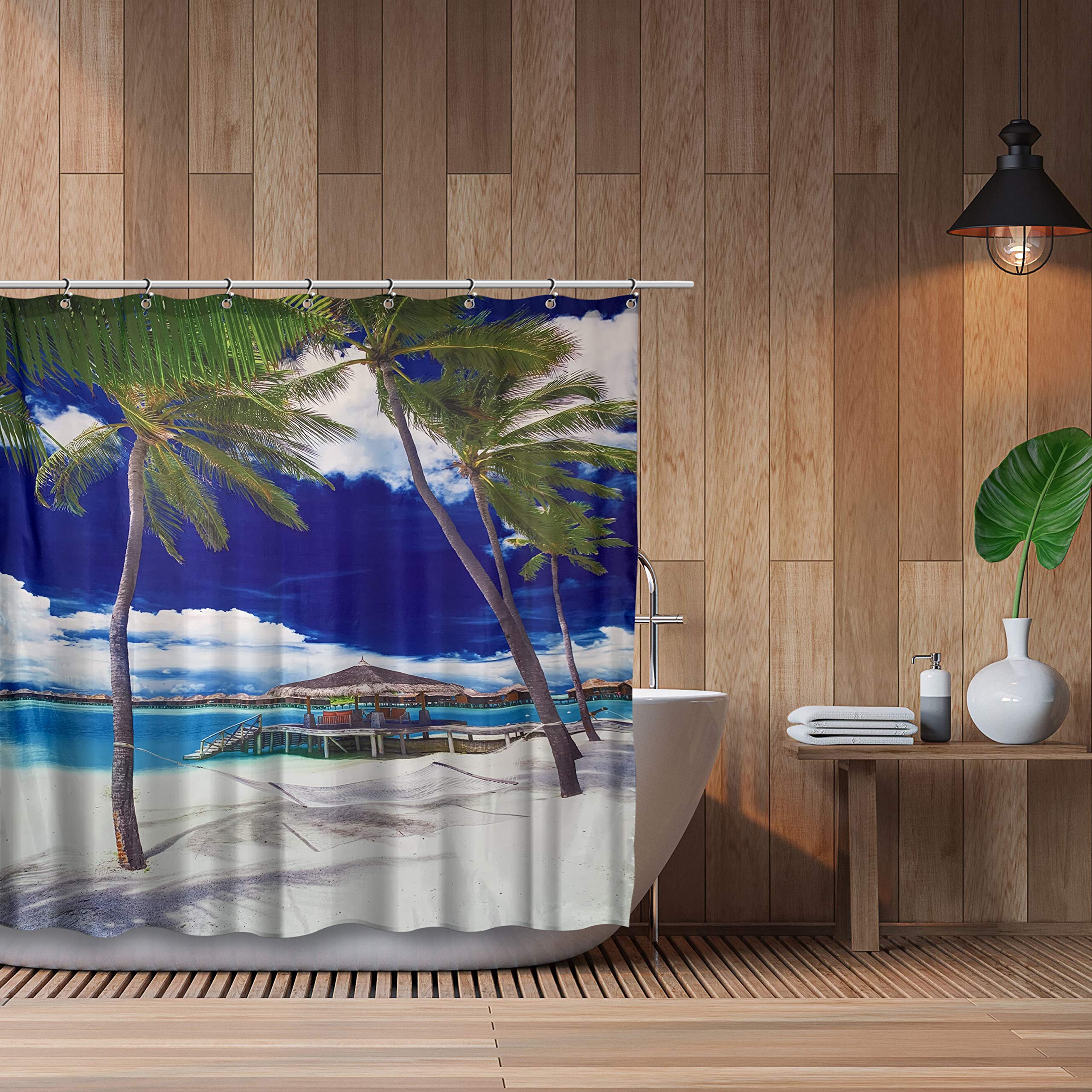 Axis Tropical Deep Blue Shower Curtain with Liner - Cabana Huts - Jamaica Clear Blue Beach Theme Leisure Traveller
