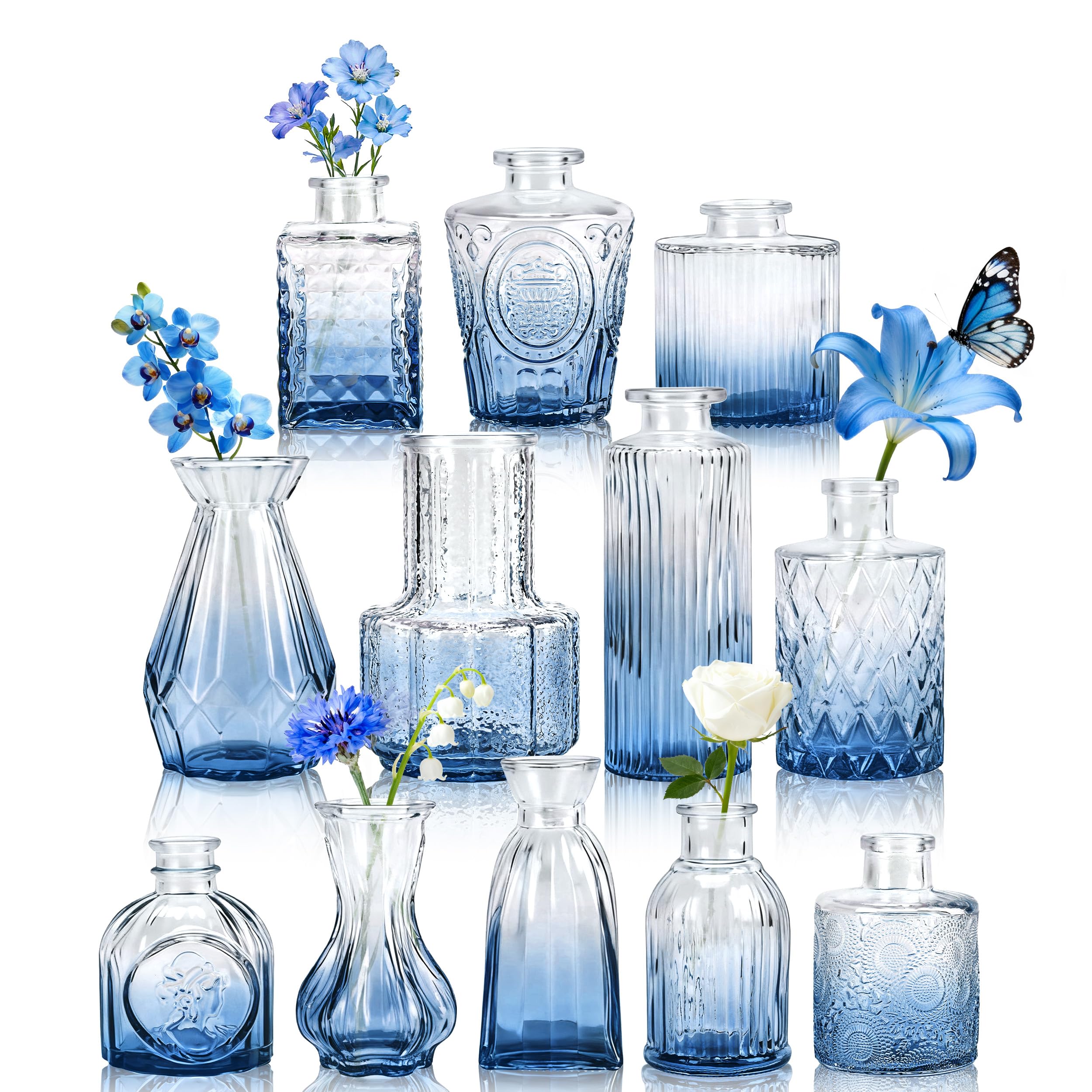 Der Rose Blue Bud Vases in Bulk Glass Vase for Centerpieces Set of 12 Small Flower Mini Vintage Vases for Rustic Wedding, Home Table Decorations — image 1