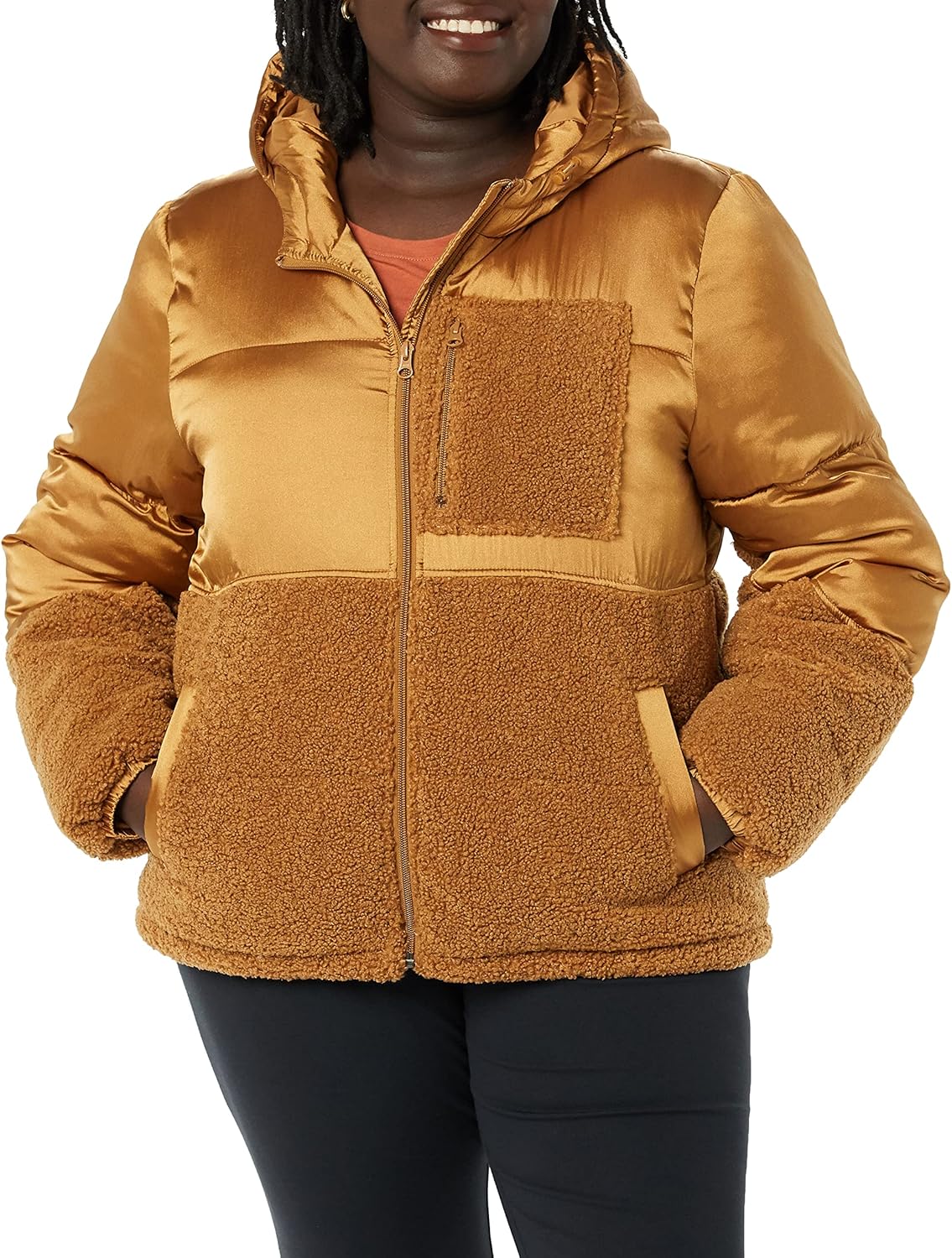 Amazon Essentials womens Full-Zip Sherpa Fleece Hooded Puffer Jacket