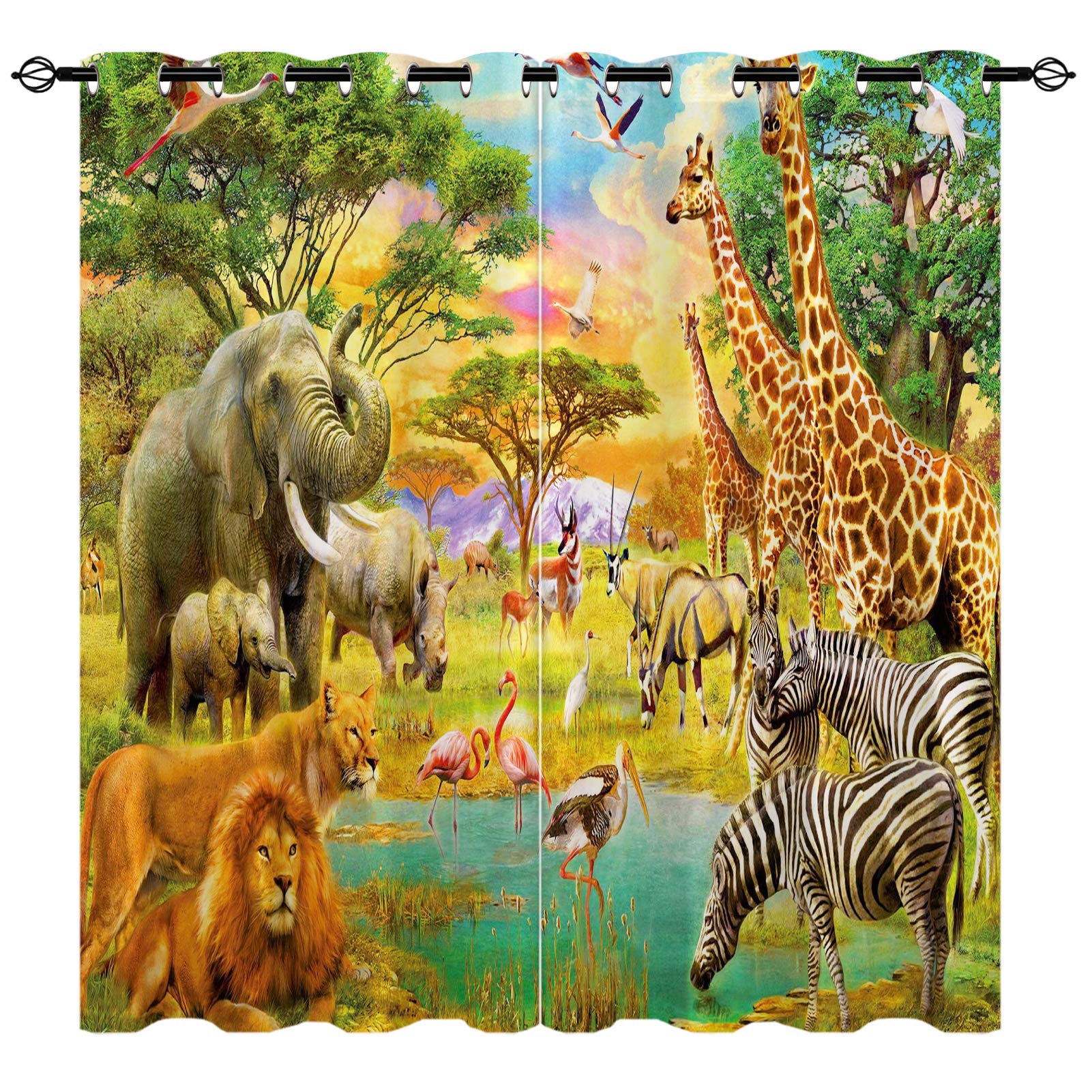 Yuanzu Multi 18 Africa Animal Curtains, Rhino Flamingo Lion Zebra Giraffe Family 3D Patterns Microfiber Blackout Fabric Eyelet Window Drapes For Kids Bedroom Set Of 2 Panels W75cm (29.5") X D166cm (65")