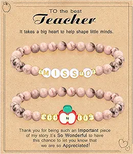 Teacher Appreciation Gifts for Women,Teacher Must Haves Initial Bracelet Mrs Miss End of Year Teacher Gifts Thank You for Helping Me Grow Music Math Science Teachers Bracelets Retirement 2 Set Jewelry