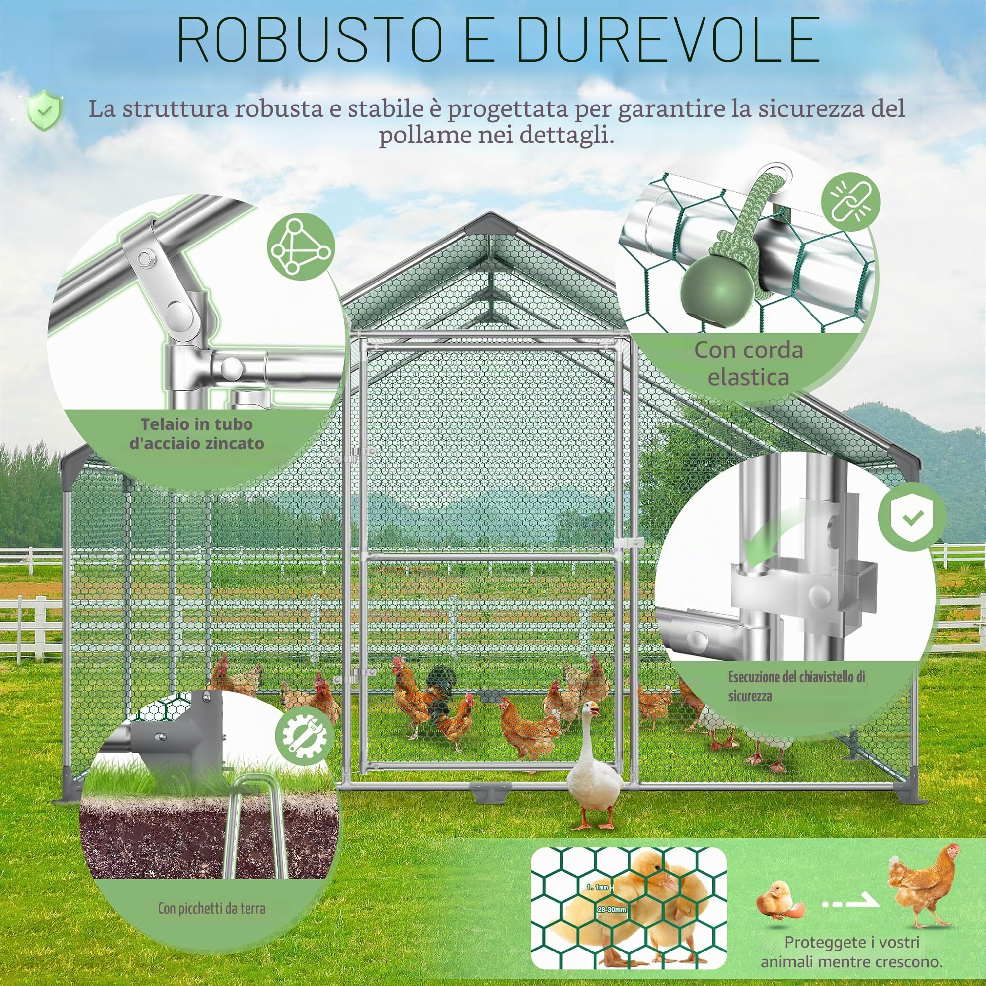 Froadp Pollaio Voliera All'aperto Grande Recinto per Polli Ruspanti con Copertura di Protezione Solare in PE Gabbia Recinto per Polli Recinto per Esterni con Struttura in Acciaio Zincato (3x2x2m)