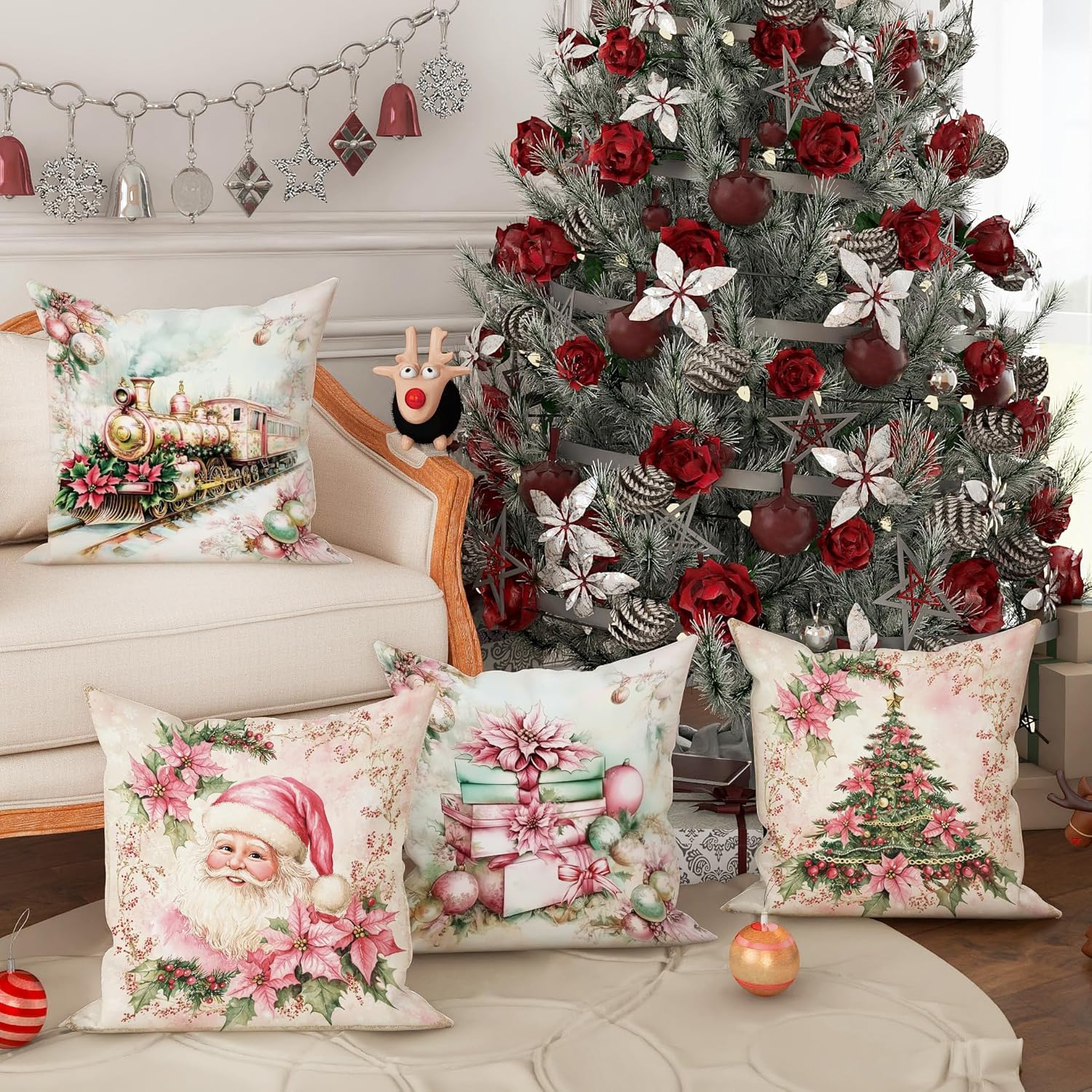 Christmas Pillow Covers Set of 4, Festive Red and Green Holiday Decorative Throw Cushion Cases for Sofa Bed Couch, Vintage Style Home Decor 20x20 Inch