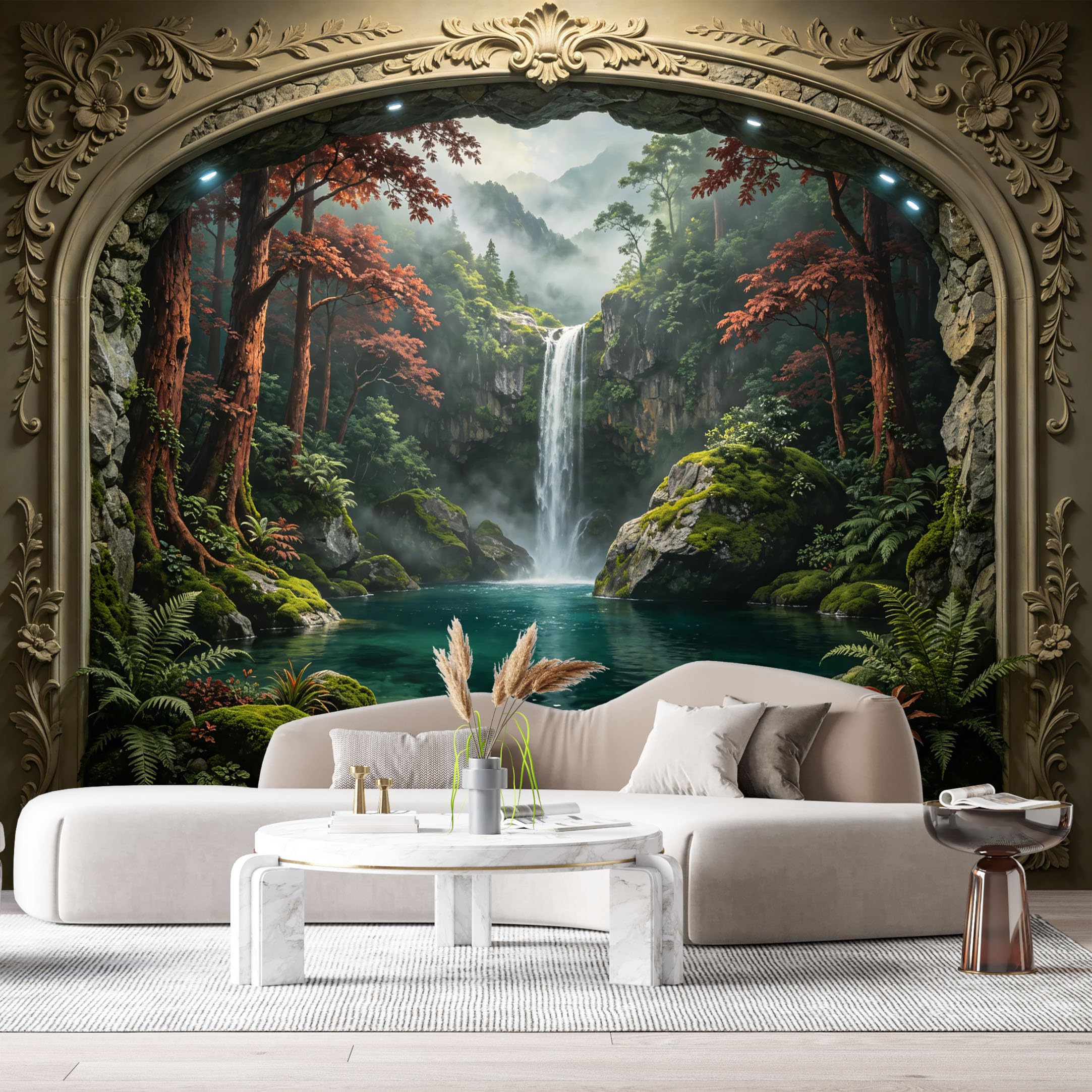 Custom Size Wall Murals Waterfall Misty Forest Landscape 3D Trompe L'Oeil SelfAdhesiveWall Fabric Removable Wallpaper Wall Decor for Living Room Bedroom Bathroom