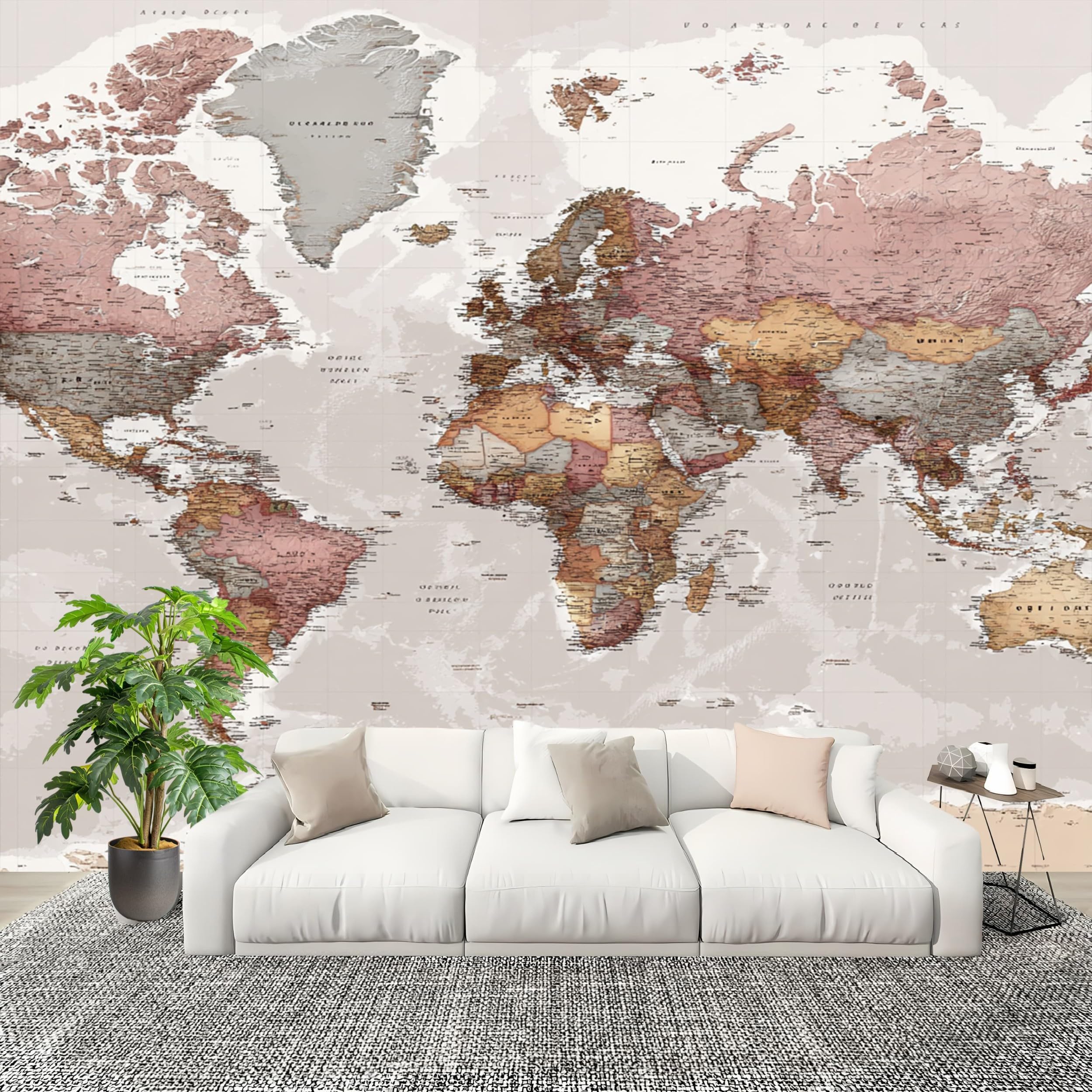Genérico Home Decor fototapeta 350x256cm mapa świata retro panoramiczna tapeta wymienna do odklejenia i przyklejenia szara do salonu sypialni, jadalni HD tapeta