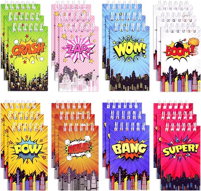 HHLCWA 24 Pack Mini Superhero Notebooks,Comic Superhero Party Supplies Spiral Pocket Notepads for Journal Notepad Teacher Classroom Rewards Supplies Super Hero Themed Birthday Gifts