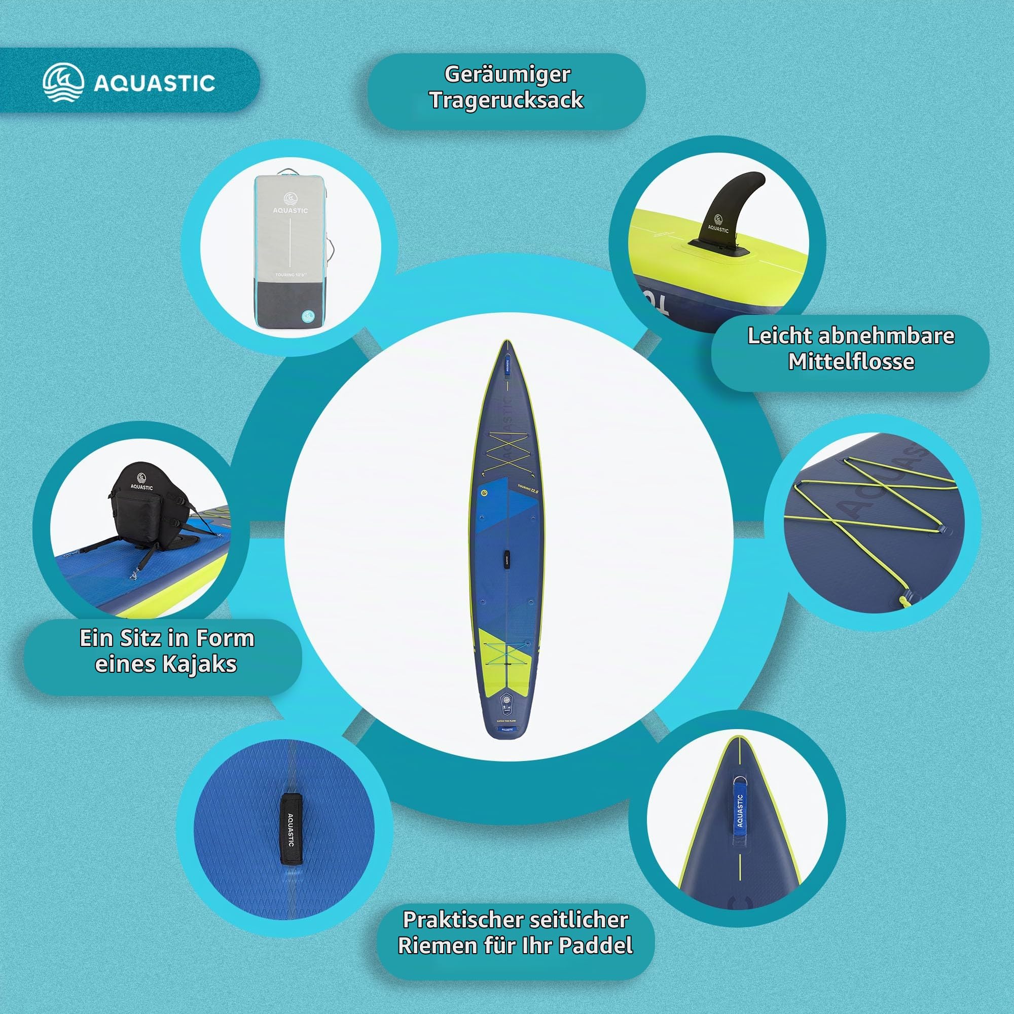 AQUASTIC Touring 12'6" SUP Board Set – Komplettset: 2X 2in1 Paddel, 2 Kajaksitze, Leash, Pumpe, Rucksack, Drop Stitch Lite+, 381x76 cm, 165 kg, Touring, leicht & robust, für Lange Touren