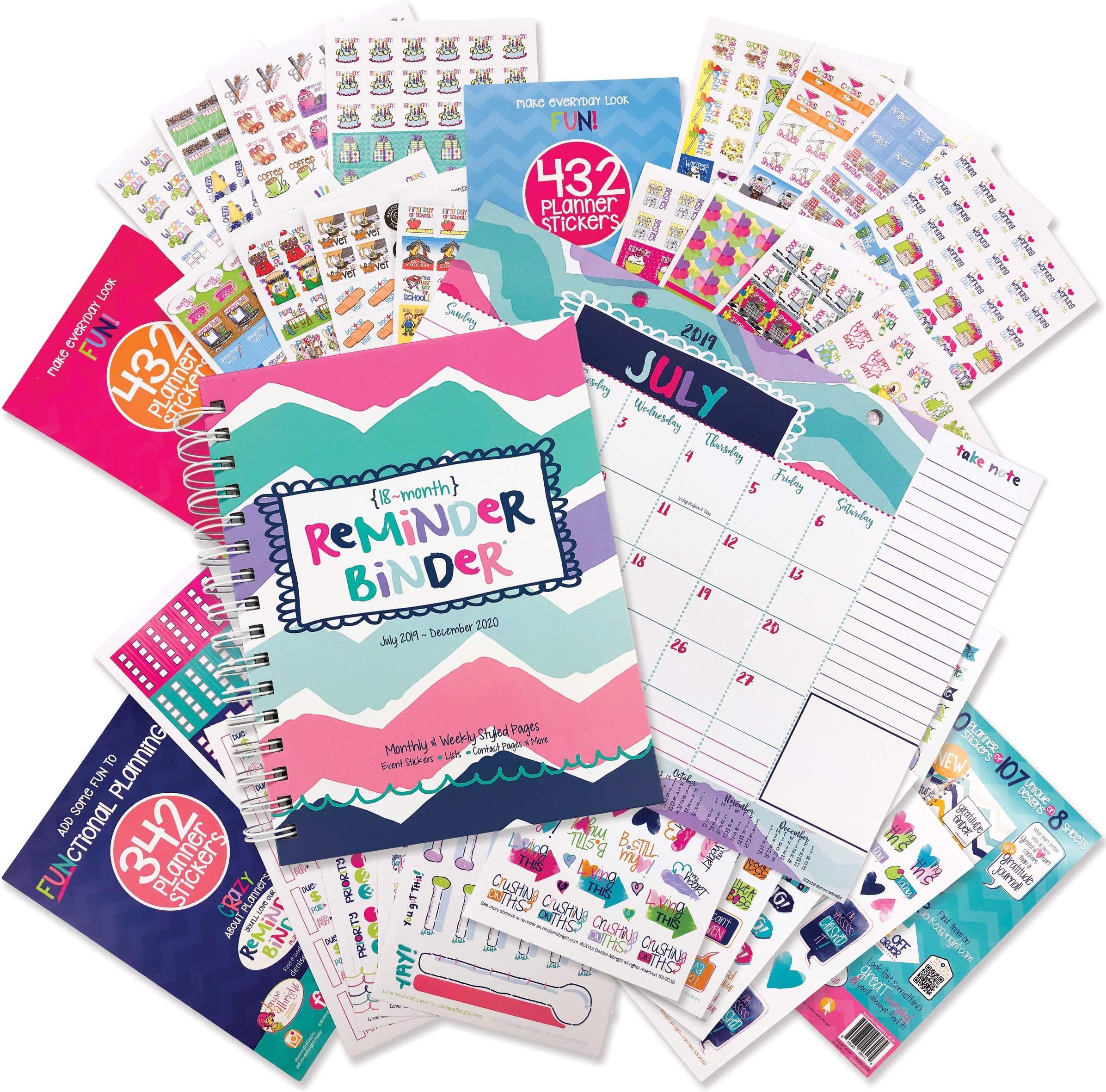 Reminder Binder 2019-2020 (18-Month) Planner & Monthly Desk Calendar with Variety Sticker Set - 6.5" x 8.5", Twin-Wire Binding, Hard Cover, Elastic Closure, Planner Stickers, Checklists & Dividers