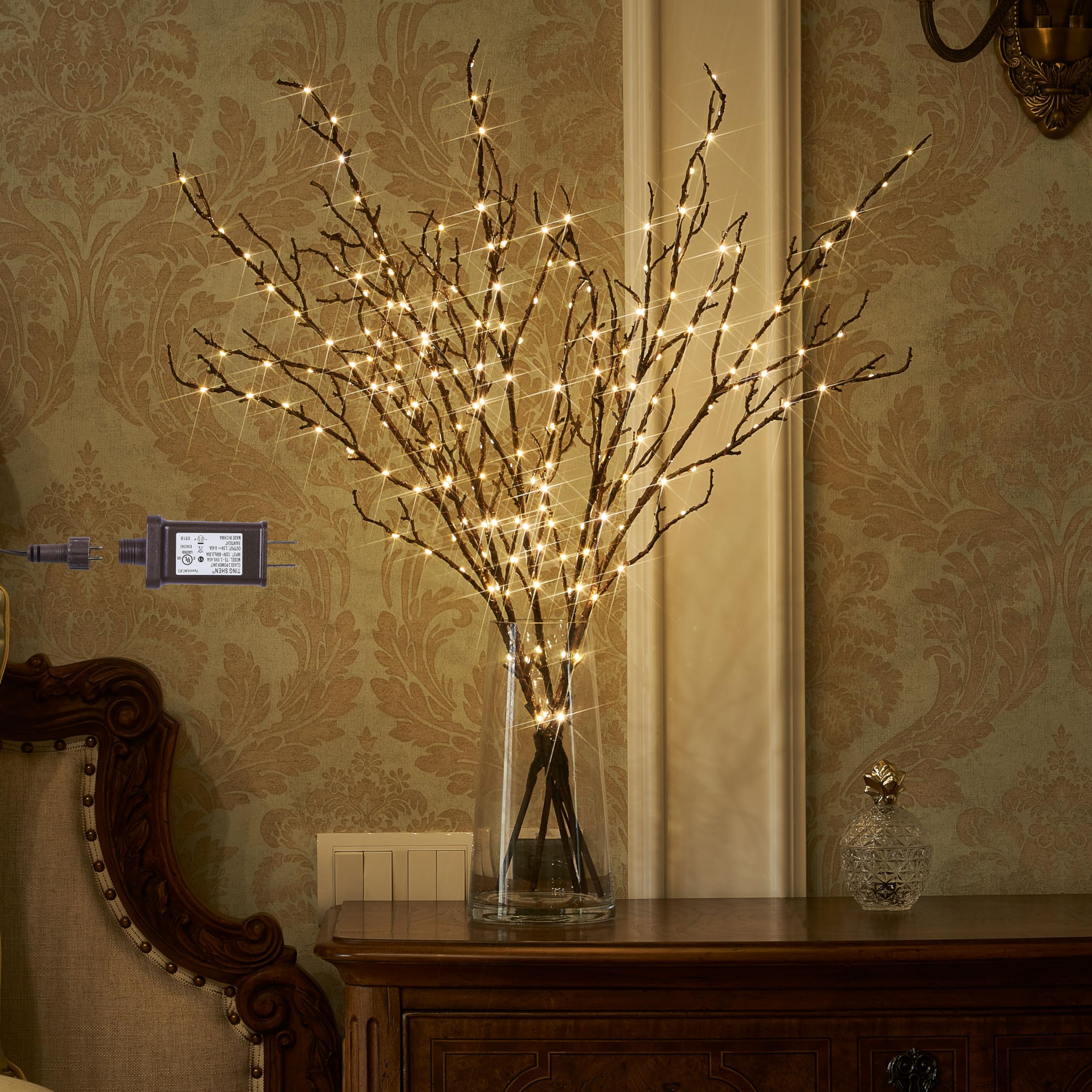 BAOLITVINE Lighted Branches Brown 32IN 200 Warm White Fairy Lights, Lighted Willow Branches with Timer, Dimmer for Home Bedroom Fireplace Christmas Decoration Inside Outdoor