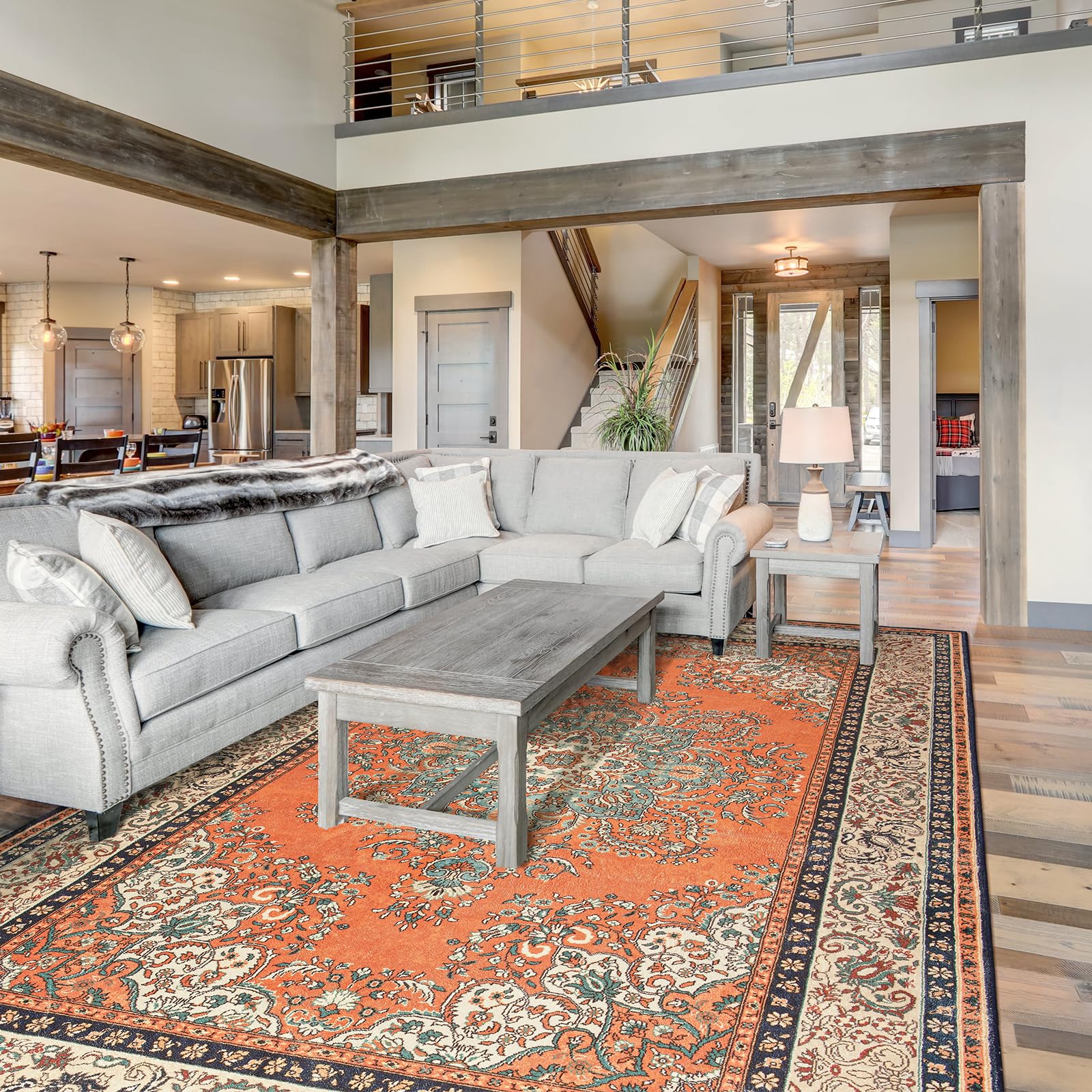 Rtizon Area Rug for Living Room, 8x10Ft Non-Slip Vintage Area Rug, Machine Washable Boho Large Rugs for Dining Room Bedroom Office Farmhouse, Orange