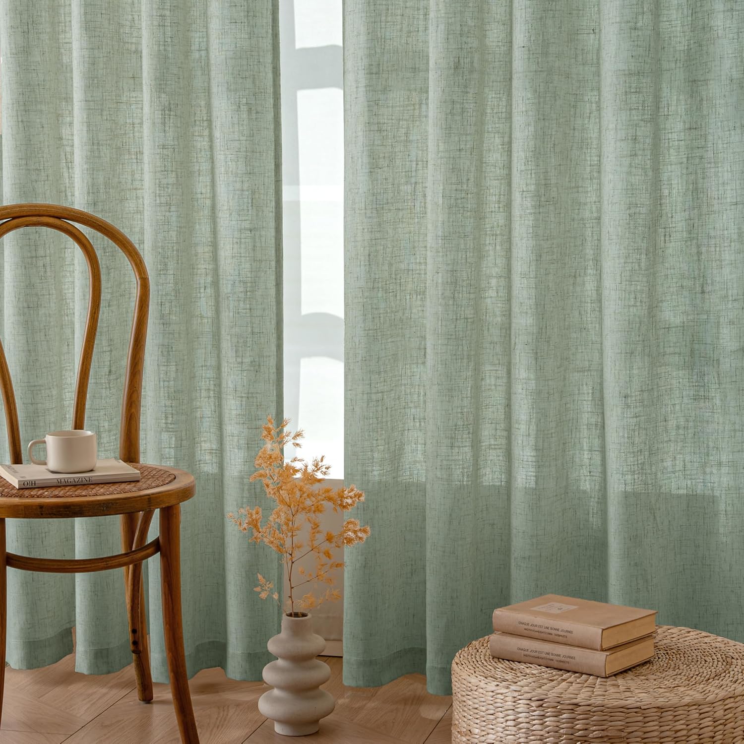 VISIONTEX Sage Green Linen Curtains 63 Inches Long for Bedroom Living Room 2 Panel Farmhouse Country Boho Style Back Tab Pocket Drape Light Filtering Semi Sheer Sage Aesthetic Decor