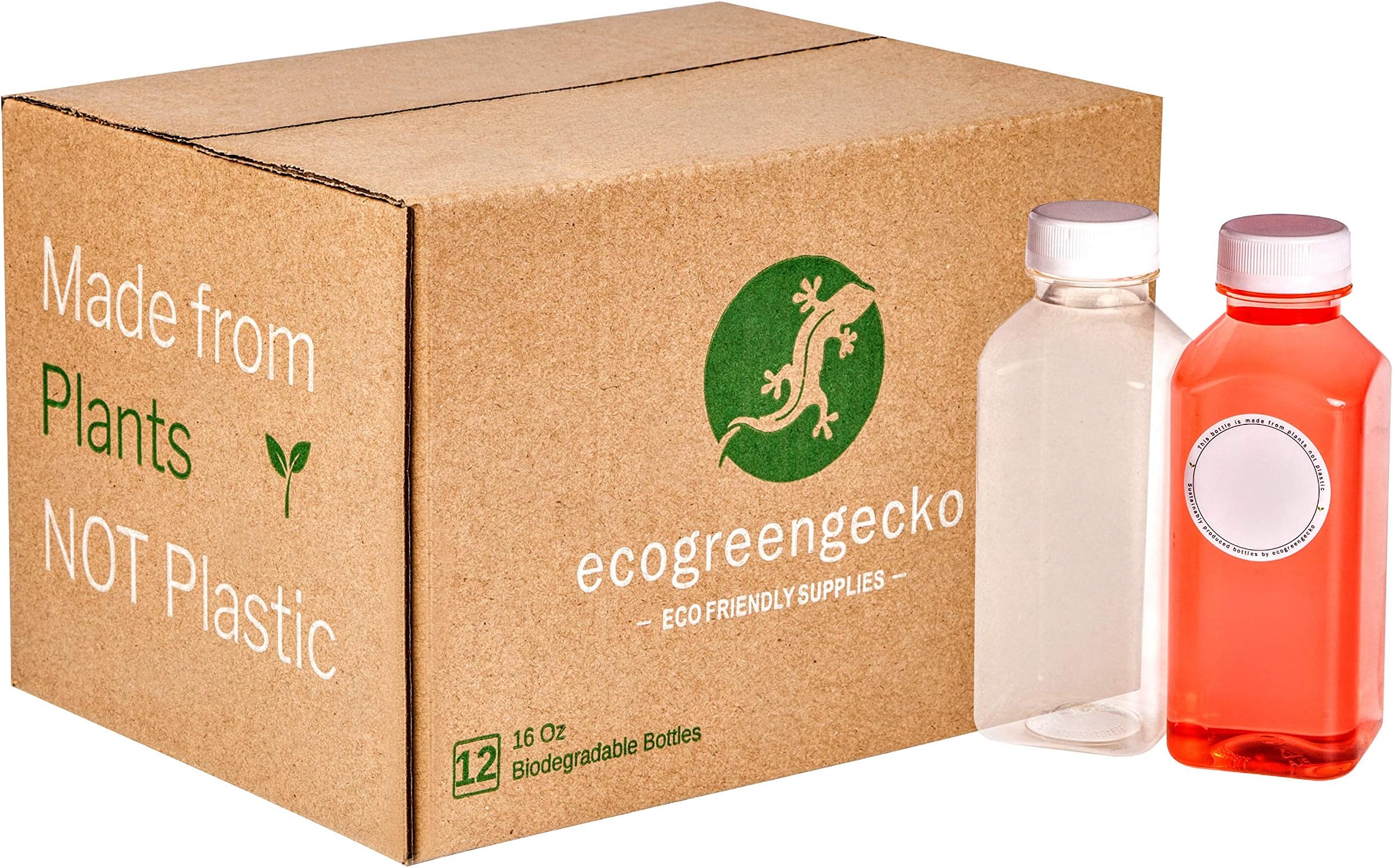 16 Oz Empty COMPOSTABLE Non Plastic Clear Juice Bottles - 12 Pack. Reusable with Lids and Labels. Eco-Friendly, Biodegradable, Plant Based Alternative. Perfect for Drinks, Water, Smoothies, Juicing