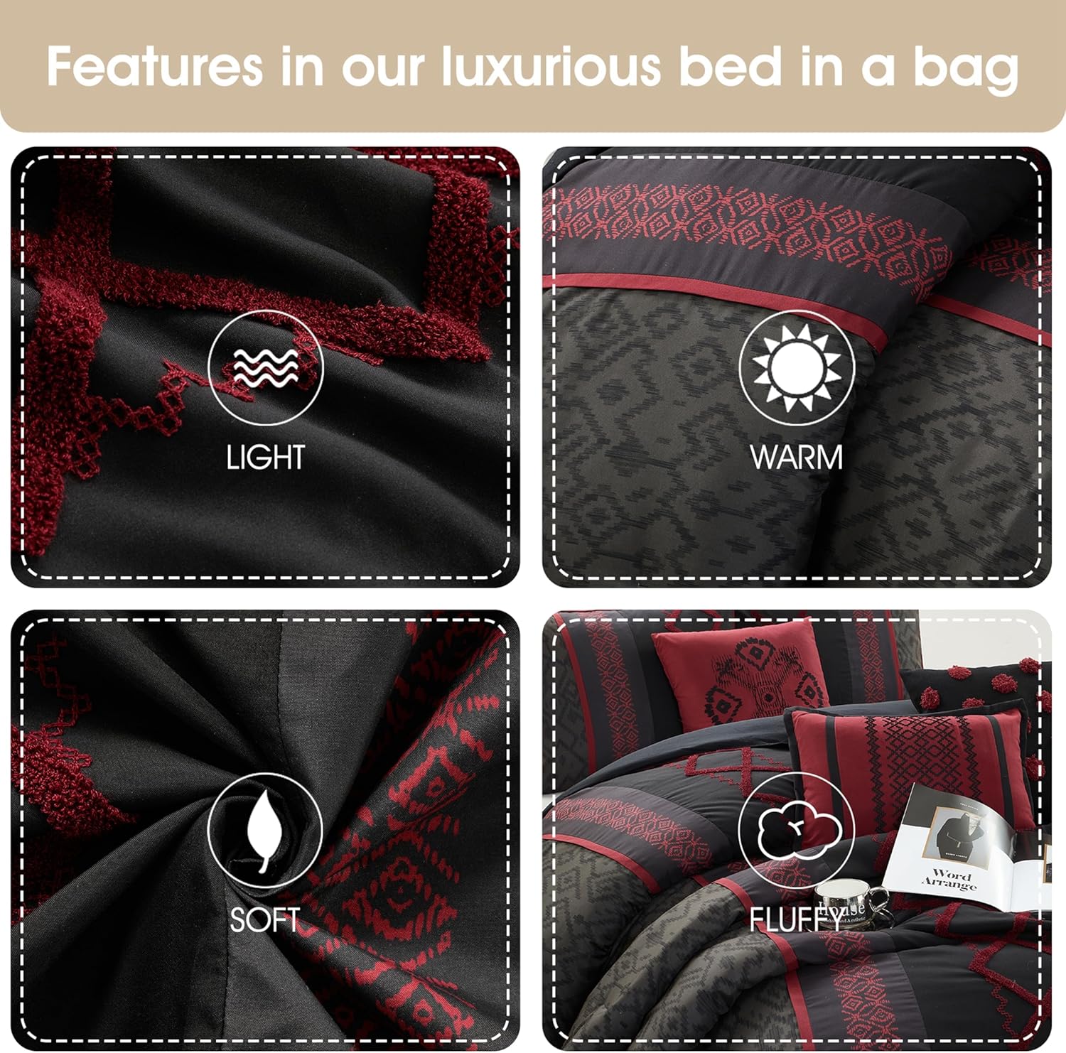 Grand Avenue Black Red Comforter Set King Size, 7 Piece Terry Embroidery All Season Bedding Set, Bedskirt, Pillows & Shams