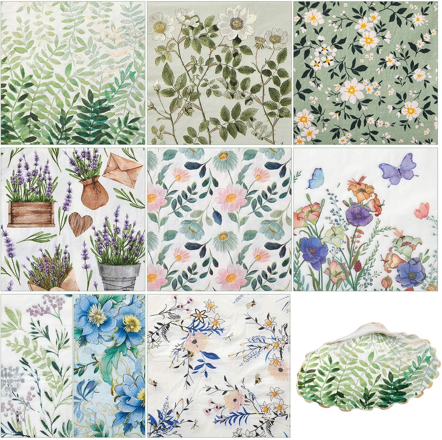 Crtiin 36 Pack 9 Styles Decoupage Napkins Assorted Sage Green Fresh Plants Floral Napkins Botanical Aesthetic Decor Cocktail Paper for DIY Crafting Summer Home Farmhouse Decor, Each Unfolded 13 Inch
