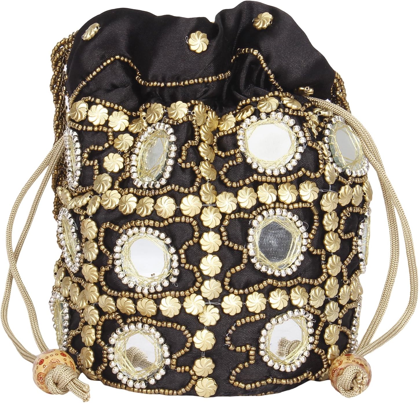 Suman Enterprises Women's Traditional Satin Potli Bag with Round Mirror (Maroon)