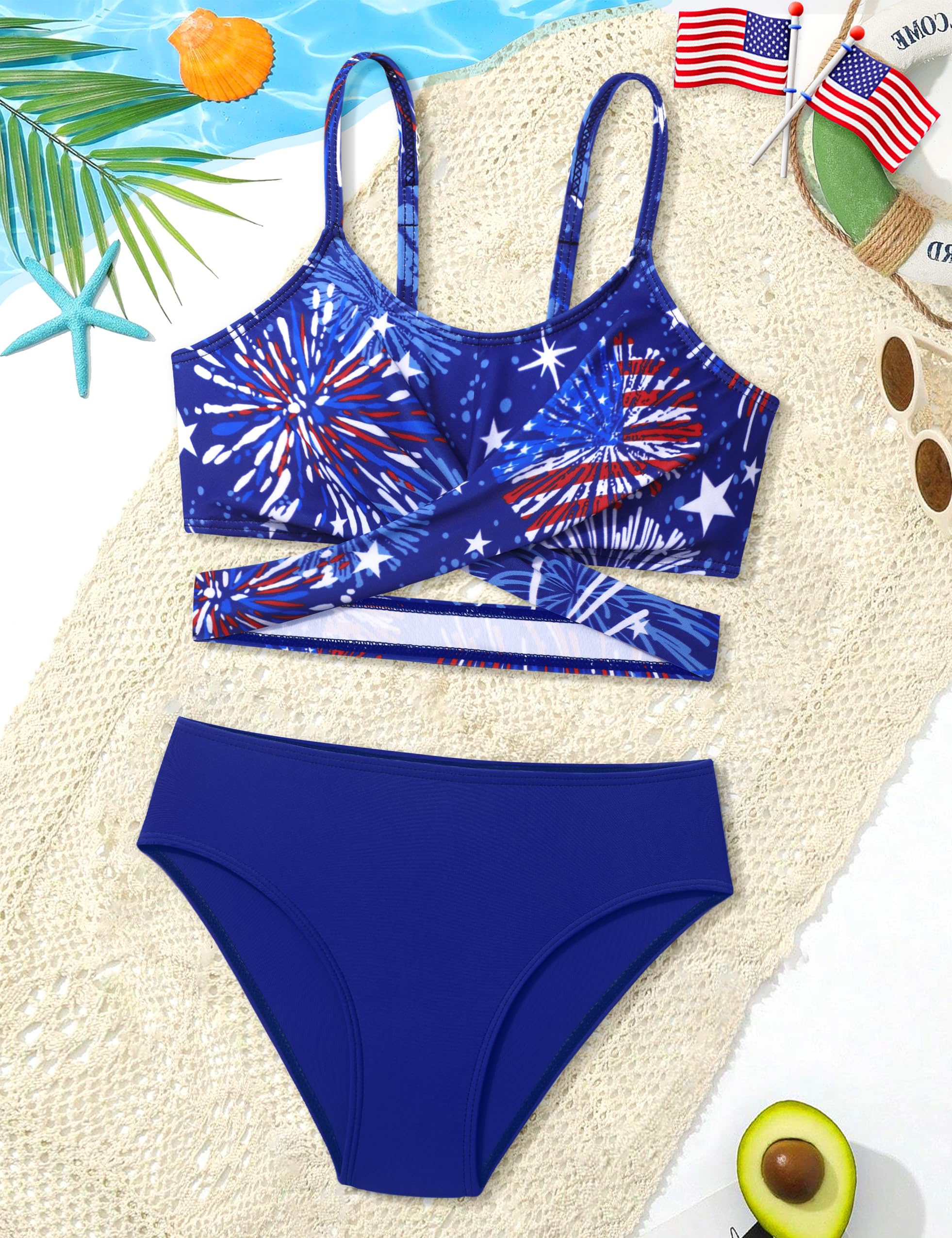 AGERWAY Traje de baño para niñas, conjunto de bikini entrecruzado, traje de baño de dos piezas, traje de baño de color sólido, traje de baño 7-16T