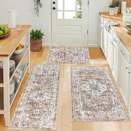 Miniatura 17 de Pauwer Juego de 3 alfombras de cocina antideslizantes y lavables para el suelo, alfombra de pasillo de cocina, alfombra bohemia para fregadero