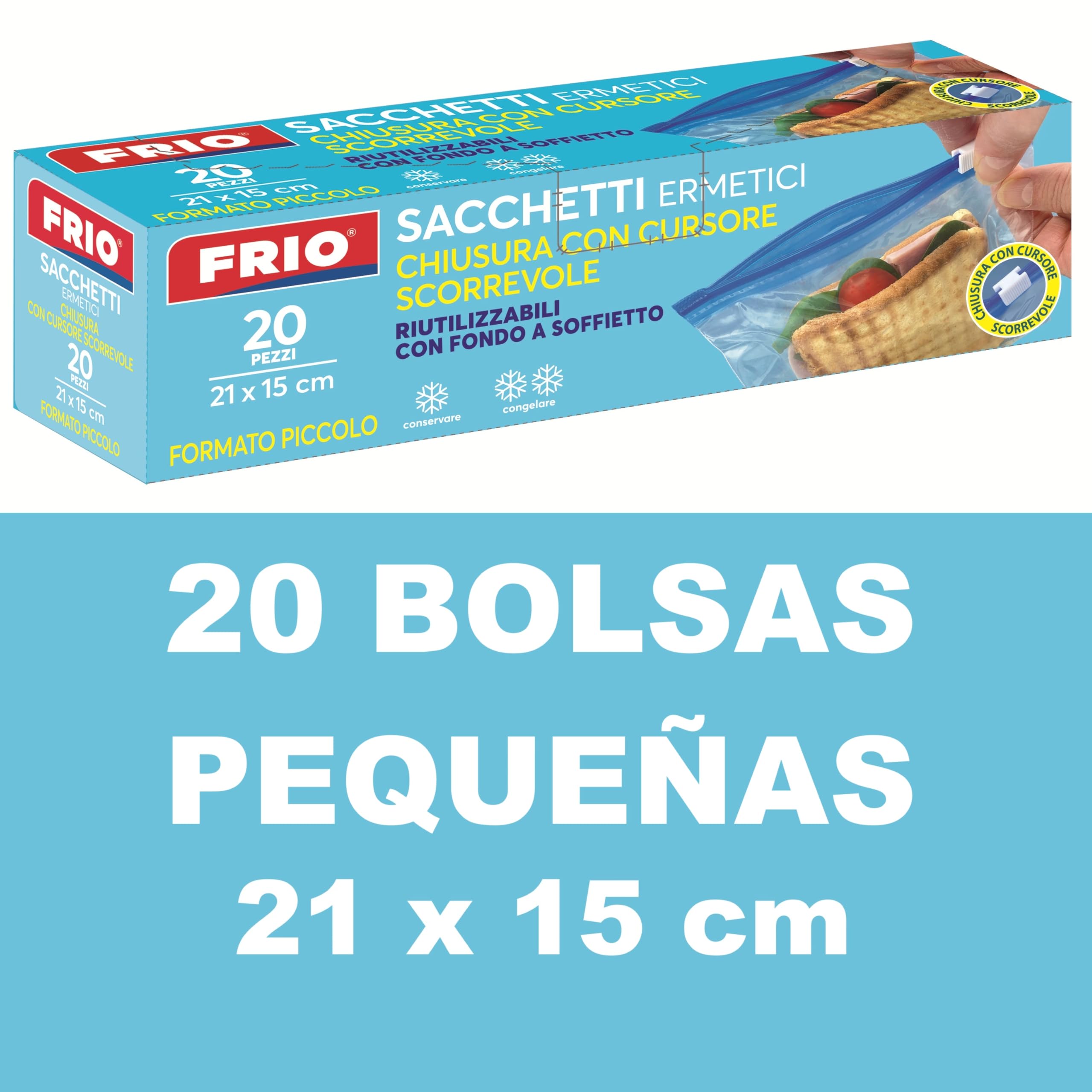 FRIO – 20 bolsas con cierre deslizante, 1,5L (21x25 cm), reutilizables y herméticas, con base expandible – Para congelador y almacenamiento de alimentos