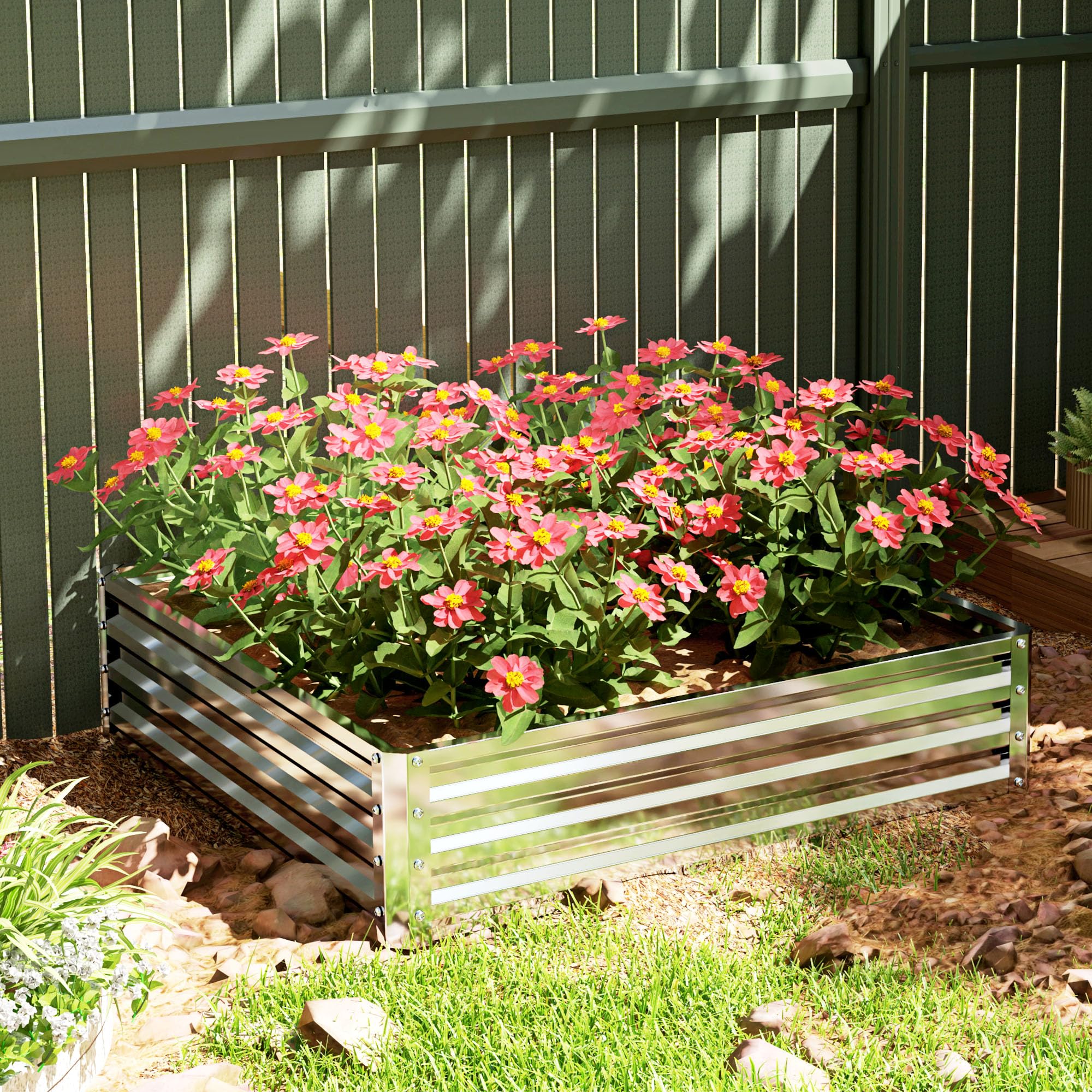 Outsunny Jardinière surélevée, bac à fleurs, parterre de légumes, bac à plantes, parterre d'herbes aromatiques pour jardin, terrasse, balcon, acier, argent, 120 x 120 x 30 cm
