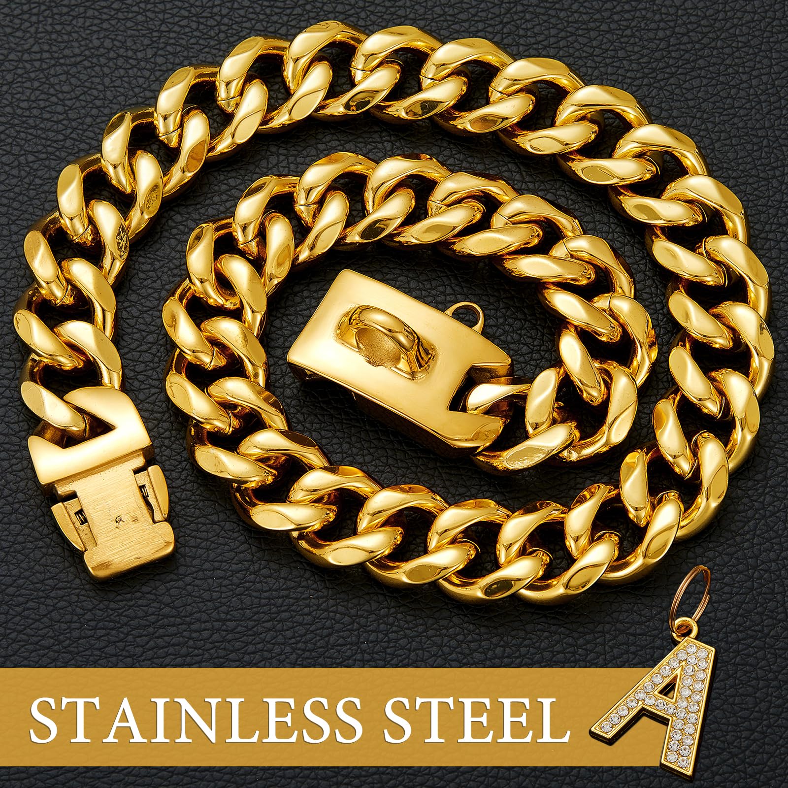 Collar de perro dorado con colgante, collar de metal para caminar de acero inoxidable, 19 mm de ancho, eslabón cubano, fuerte, resistente a la masticación para perros medianos y grandes (60 cm)