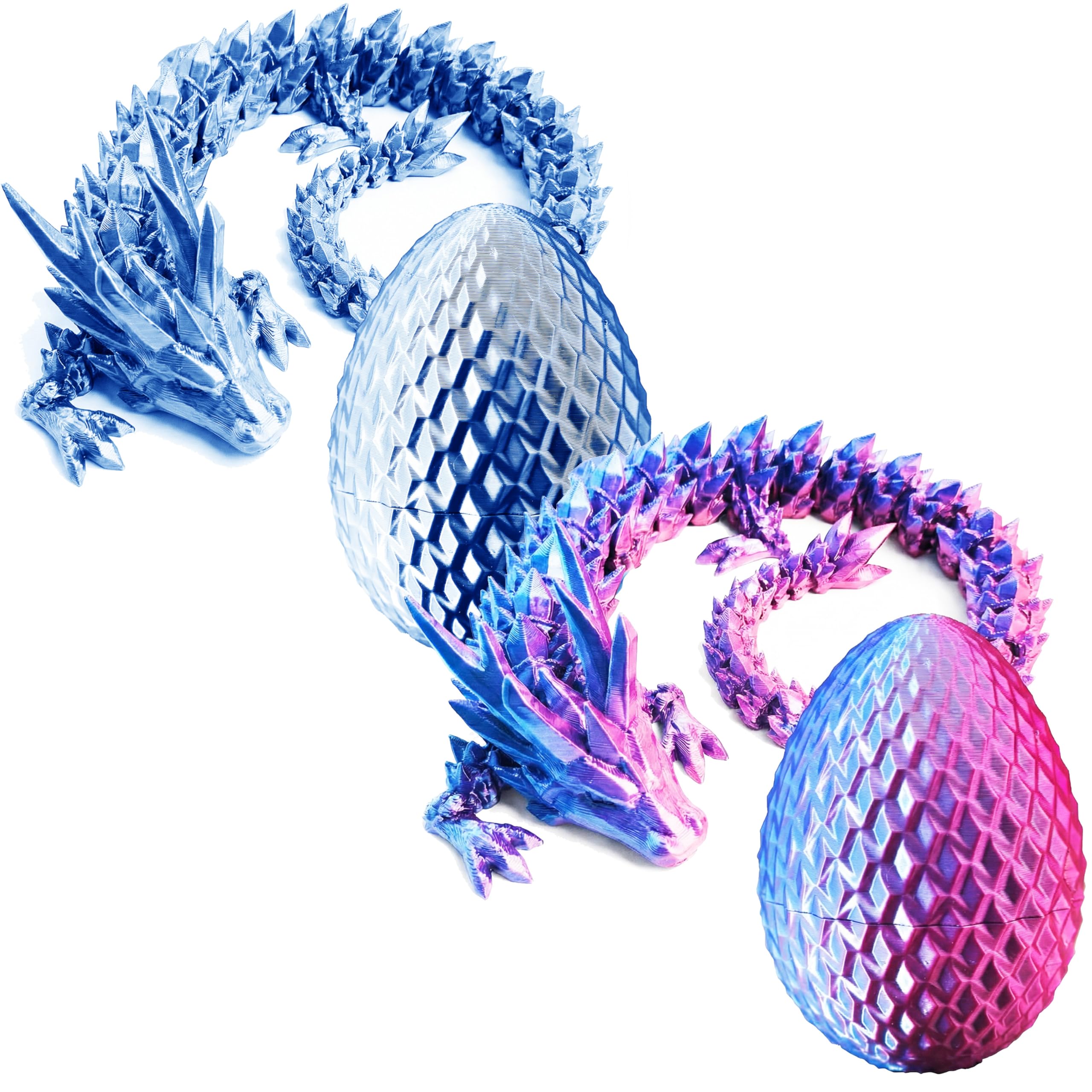 3D Printed Dragon Figurine & Egg Set – Poseable Fidget Desk Decor with Flexible Joints | Stress Relief Tabletop Ornament for Office, Home & Gaming Shelves (Blue + Blue purple,Medium)
