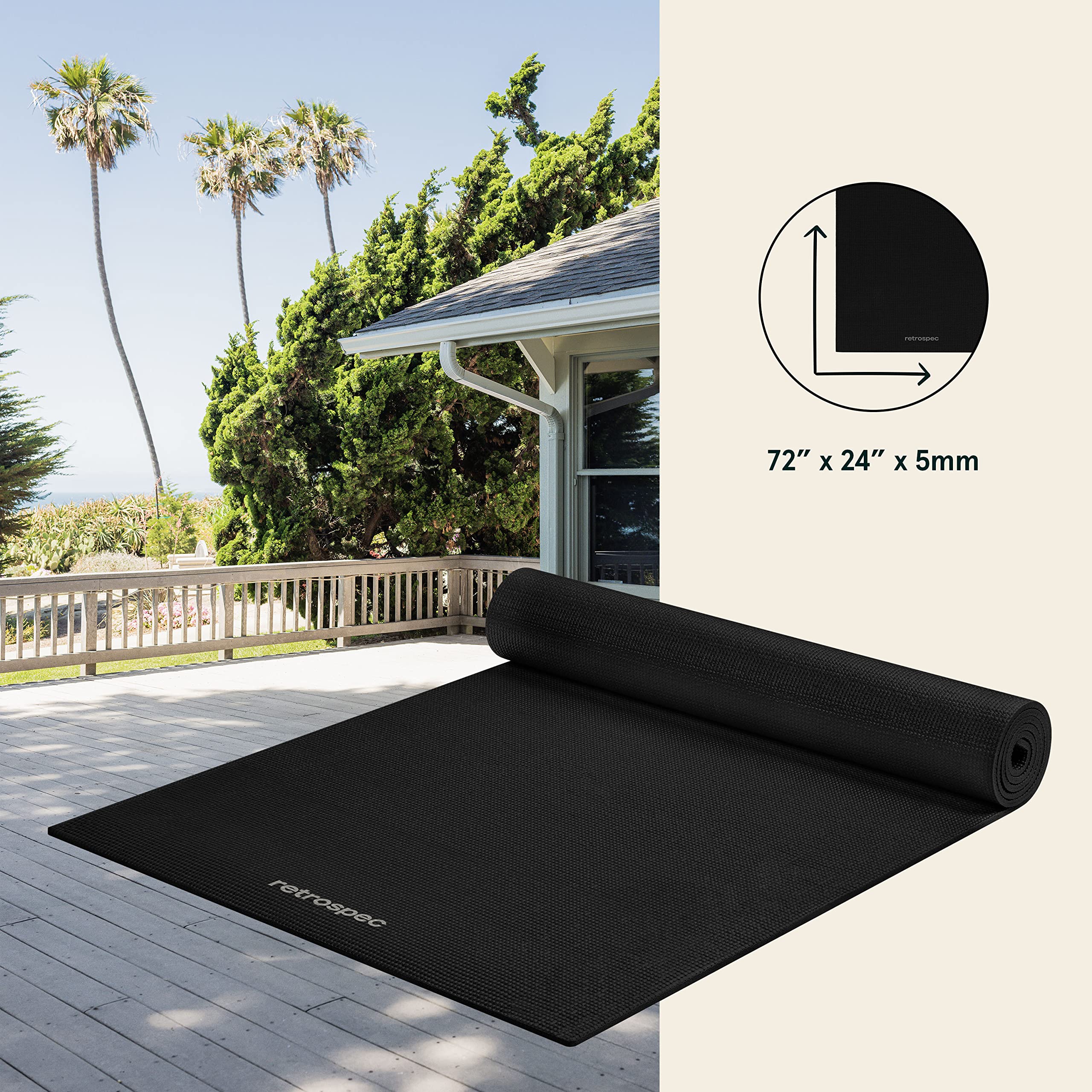 Retrospec Pismo Yoga Mat for Men & Women - 72â€_x009d_ x 24â€_x009d_ x 5mm - Extra Long Non Slip Exercise Mat for Yoga, Pilates, Stretching, Floor & Home Workouts - Black