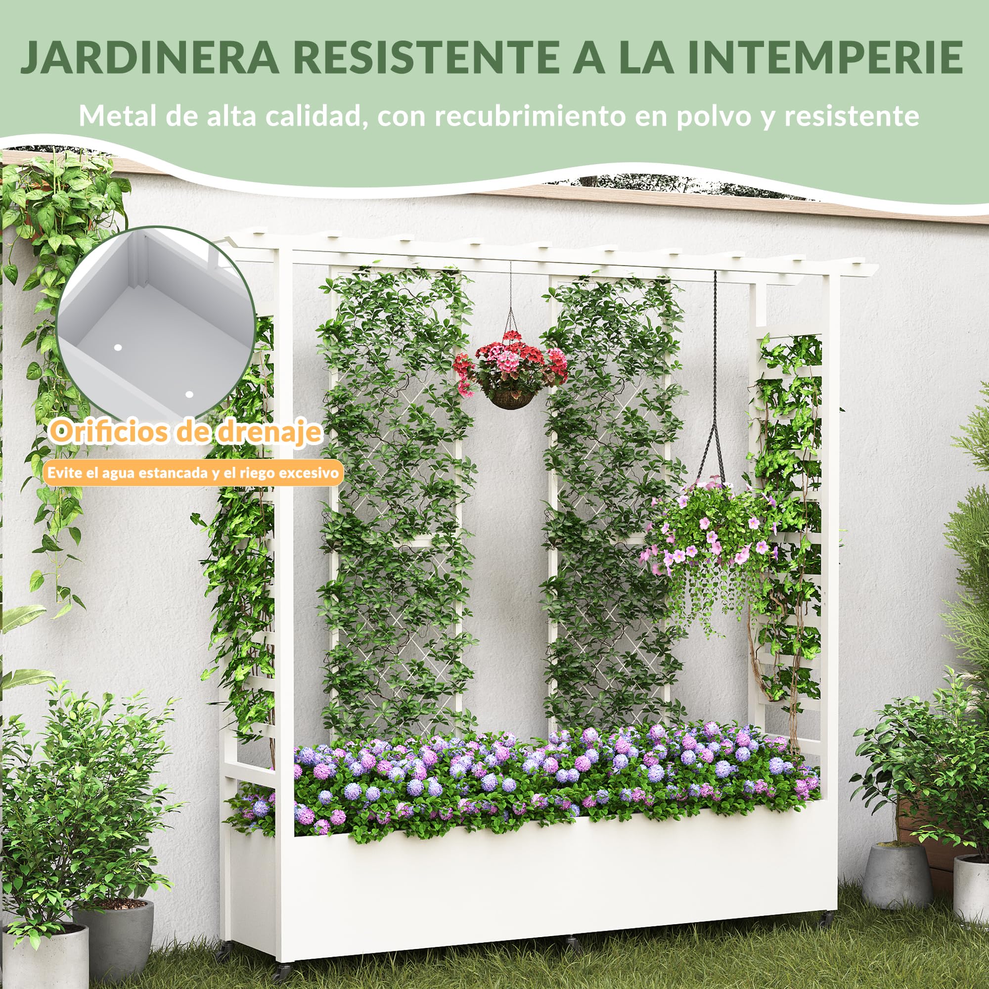 Jardinera elevada con enrejado y techo colgante, jardinera metálica resistente a la intemperie con 4 ruedas y 2 enrejados laterales para plantas trepadoras, mampara divisoria móvil para exteriores.
