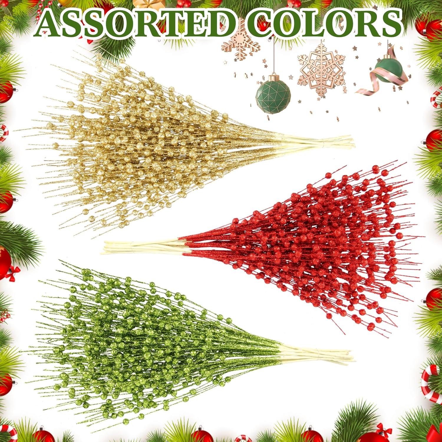 36 Bundles Green Red Gold Christmas Glitter Berry Stem Ornaments 16.9'' Fake Christmas Tree Picks Artificial Decorative Stems for DIY Vase Wreath Crafts Fireplace Wedding