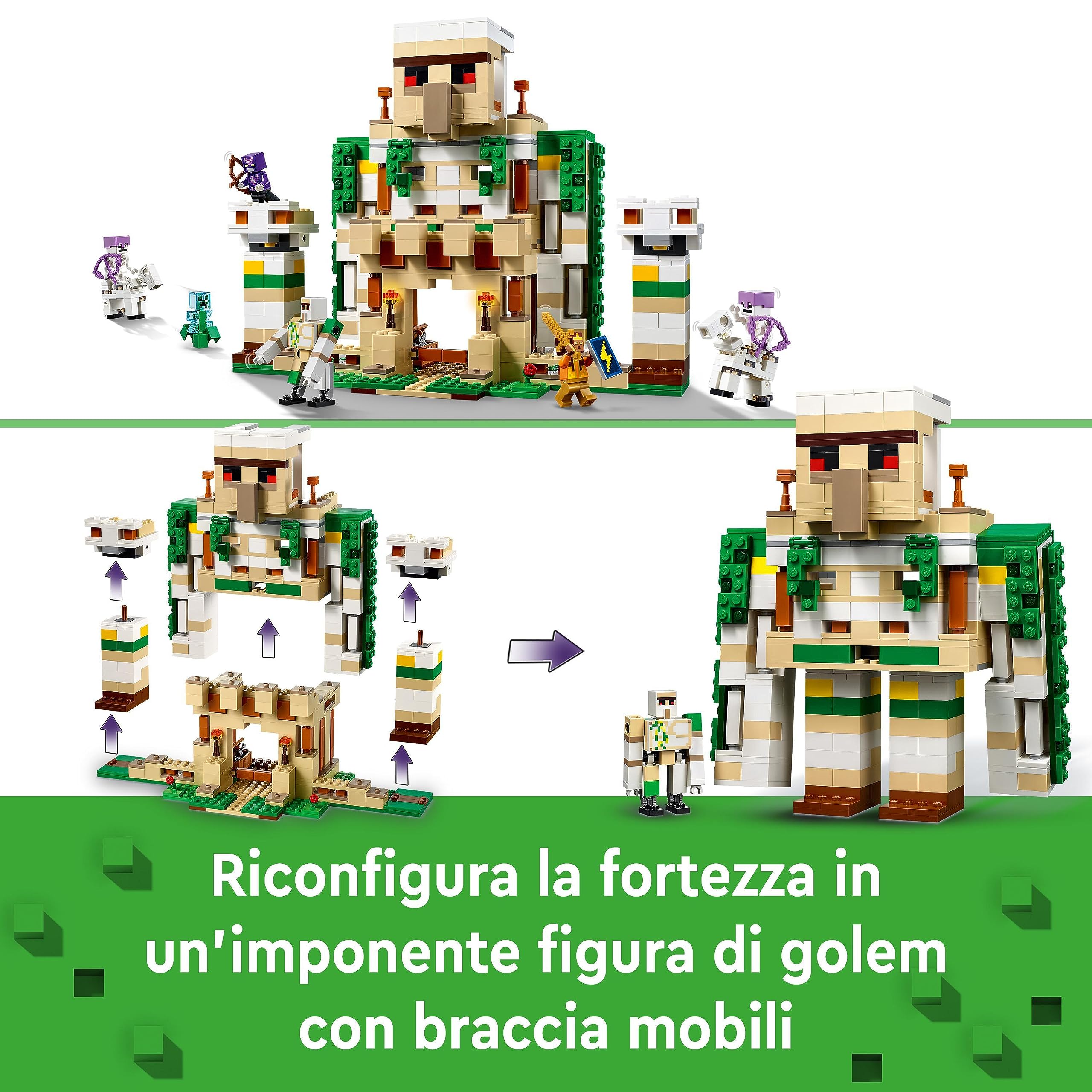 LEGO Minecraft La Fortezza del Golem di Ferro, Castello Giocattolo che si Trasforma in Action Figure con 7 Personaggi tra cui Cavaliere di Cristallo, Cavalieri Scheletrici e Creeper Caricato 21250