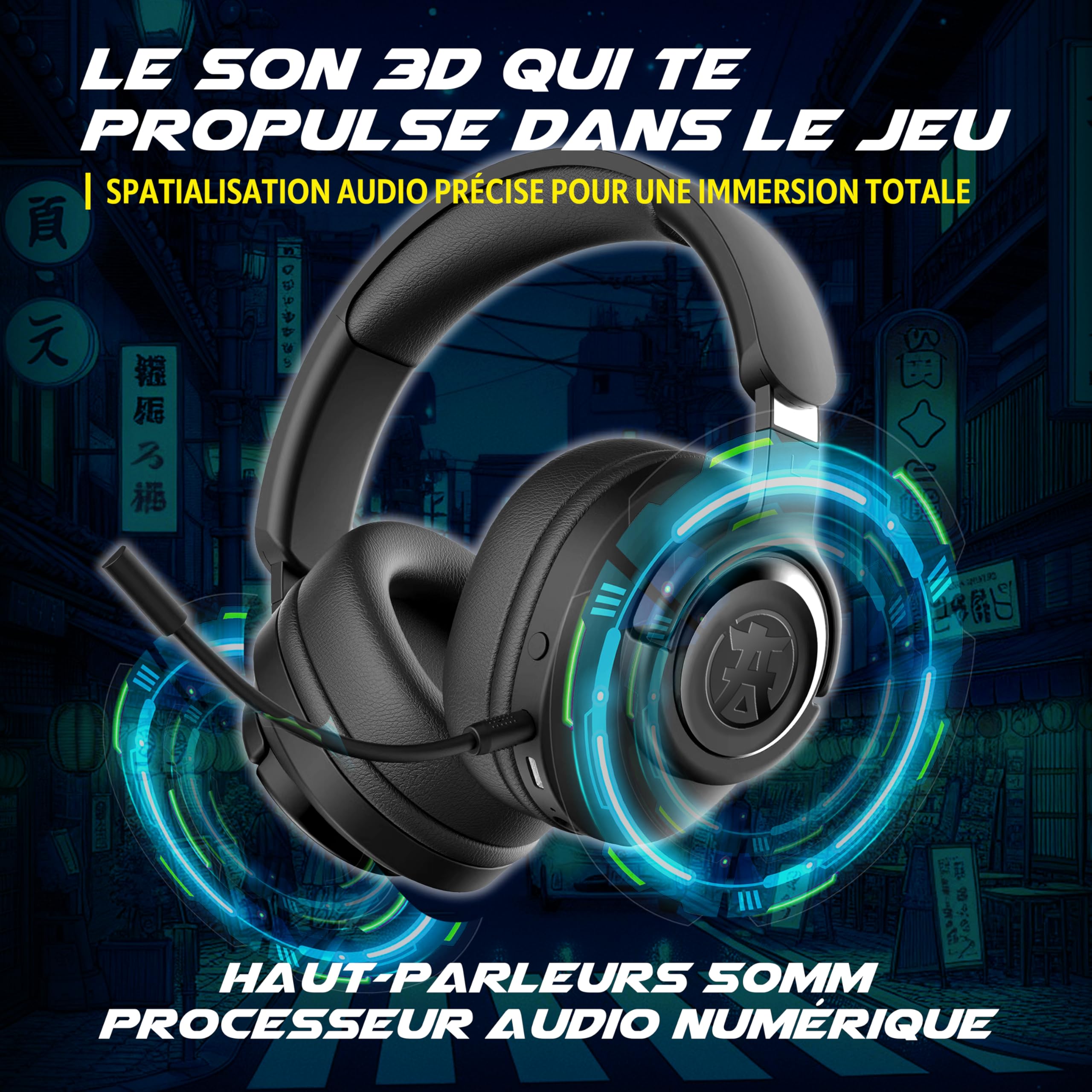 Akuma Bezprzewodowy zestaw słuchawkowy SEINEN H06 WL dla graczy - dźwięk przestrzenny 3D, Bluetooth 5,3 + 2,4 GHz, gniazdo 3,5 mm, odłączany mikrofon ENC, żywotność baterii 30 godzin, komfort z pianki