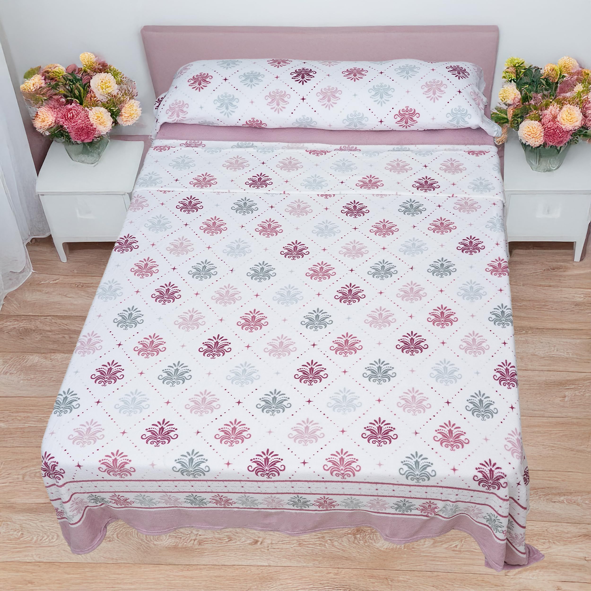 Juego de Sábanas 3 Piezas Coralina Térmica para Invierno - Incluye Sábana Bajera Ajustable, Encimera y Funda de Almohada - Tacto Suave y Cálido - Rosa Floral, Cama 90cm
