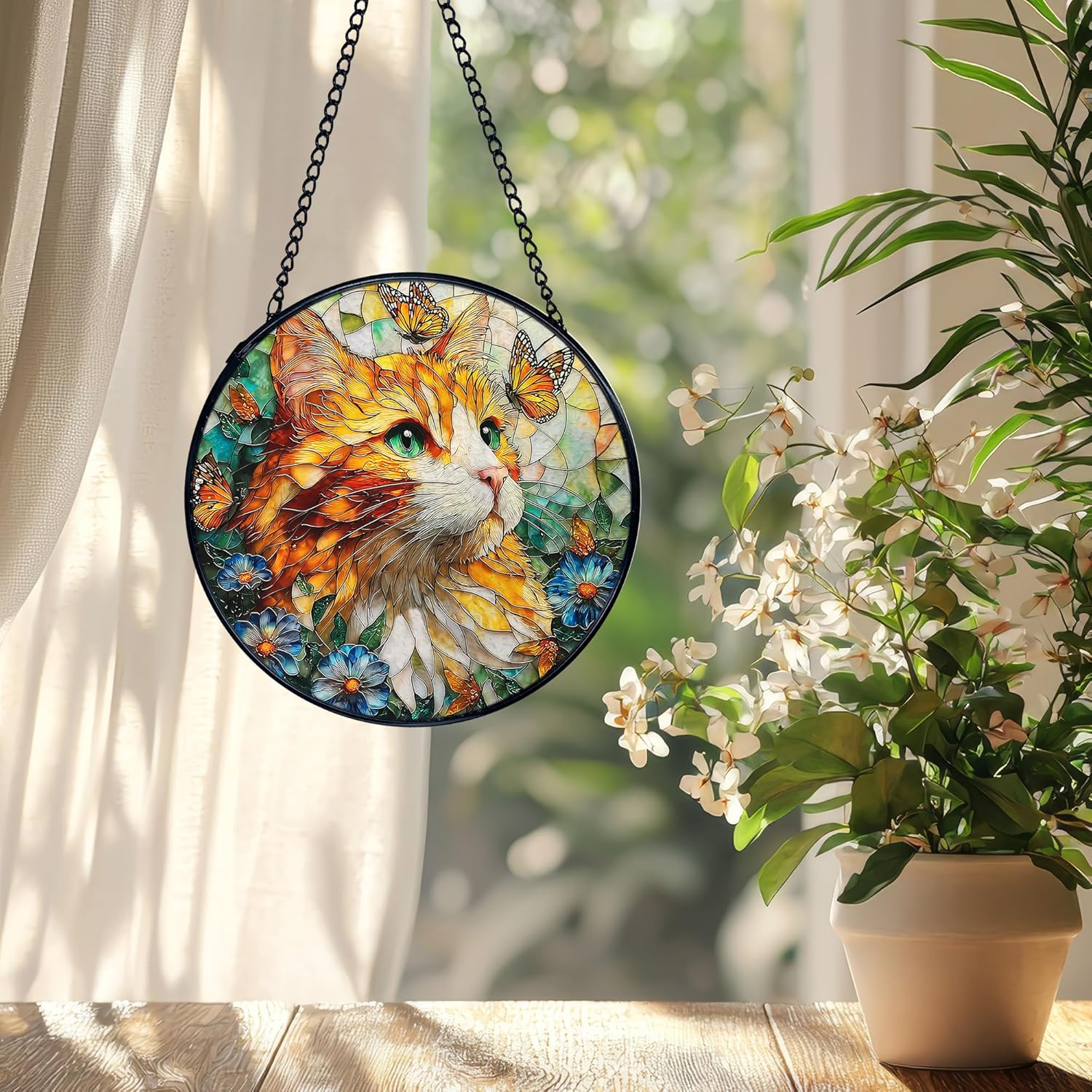 Cat Flower Suncatcher Stained Glass Window Hanging, Butterfly Floral Orange Cat Sun Catchers Indoor Window Glass Wall Art Decor, Kitten Floral Wall Hanging Decor, 7.9x7.9 Inch 035-MH-BLGH - Image 3