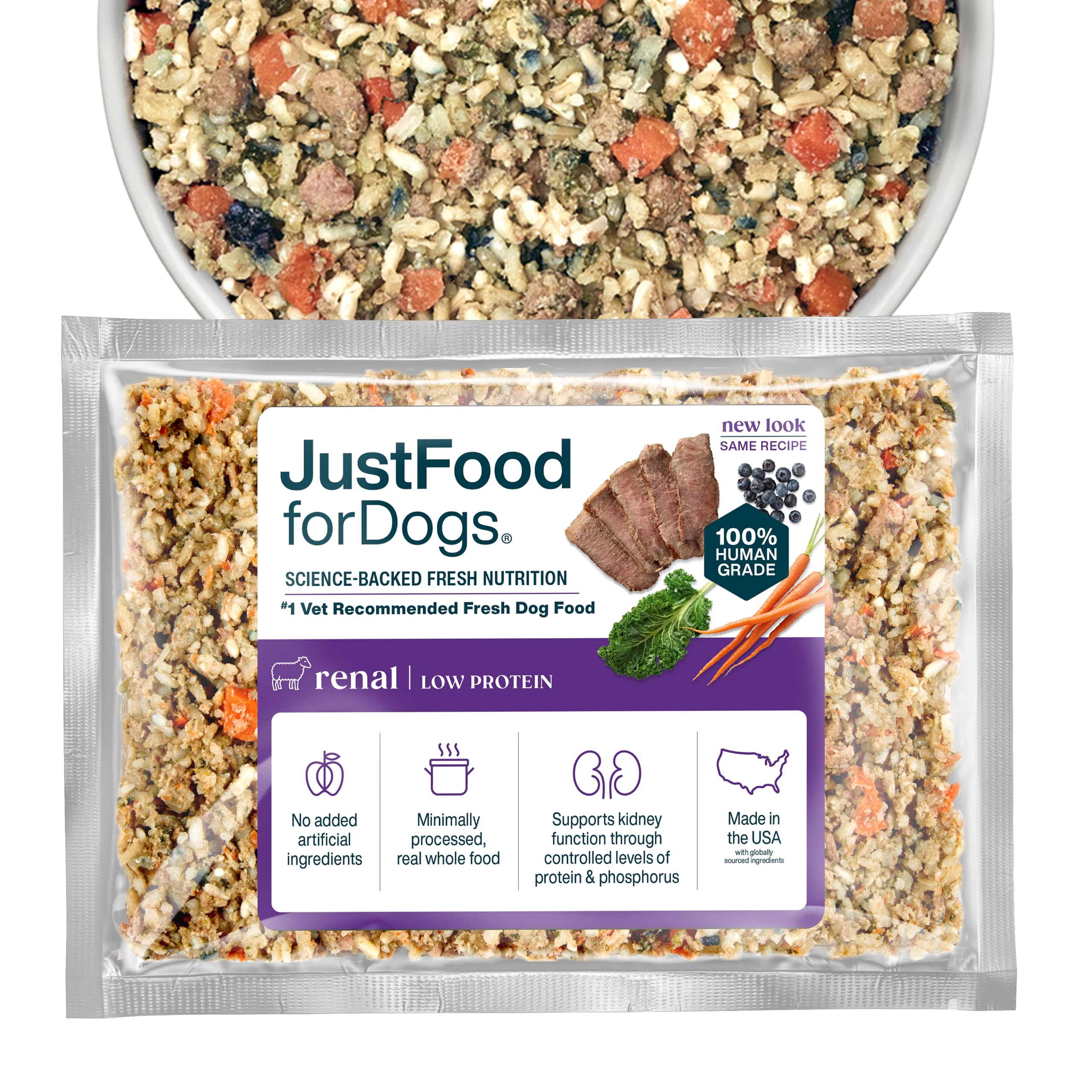 JustFoodForDogs Vet RX Frozen Fresh Prescription Dog Food, Human Grade, Vet Recommended Fresh Pet Meal or Toppers, Limited Ingredient, Prescription Diet, Renal Support 18 oz - 7 Pack