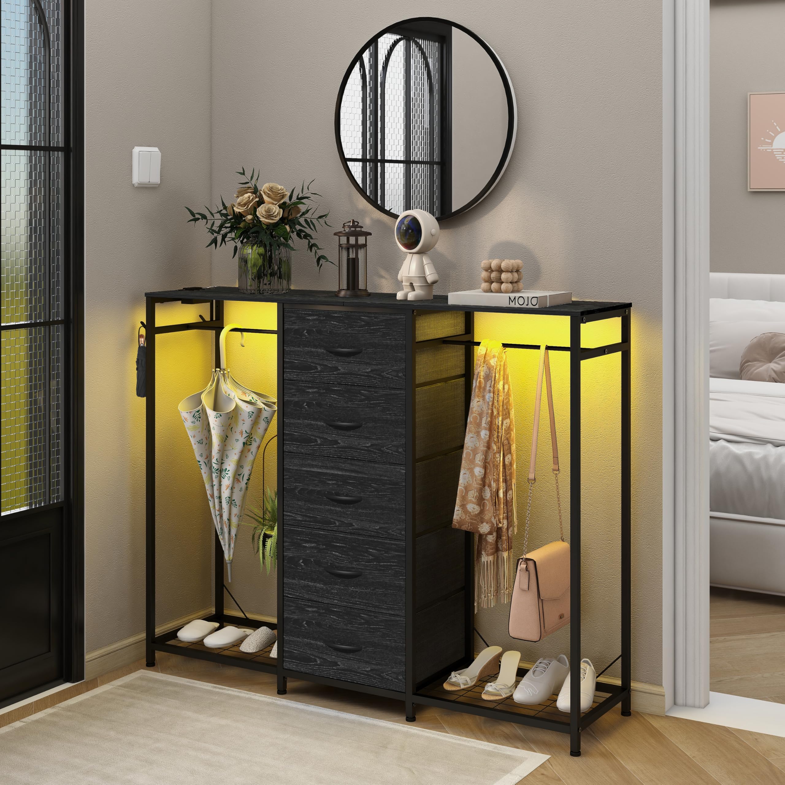 Cómoda para dormitorio con perchero, cómoda de 5 cajones con estación de carga y luces LED, cómoda blanca, estante flexible y espacio de almacenamiento abierto para dormitorio, sala de estar 6